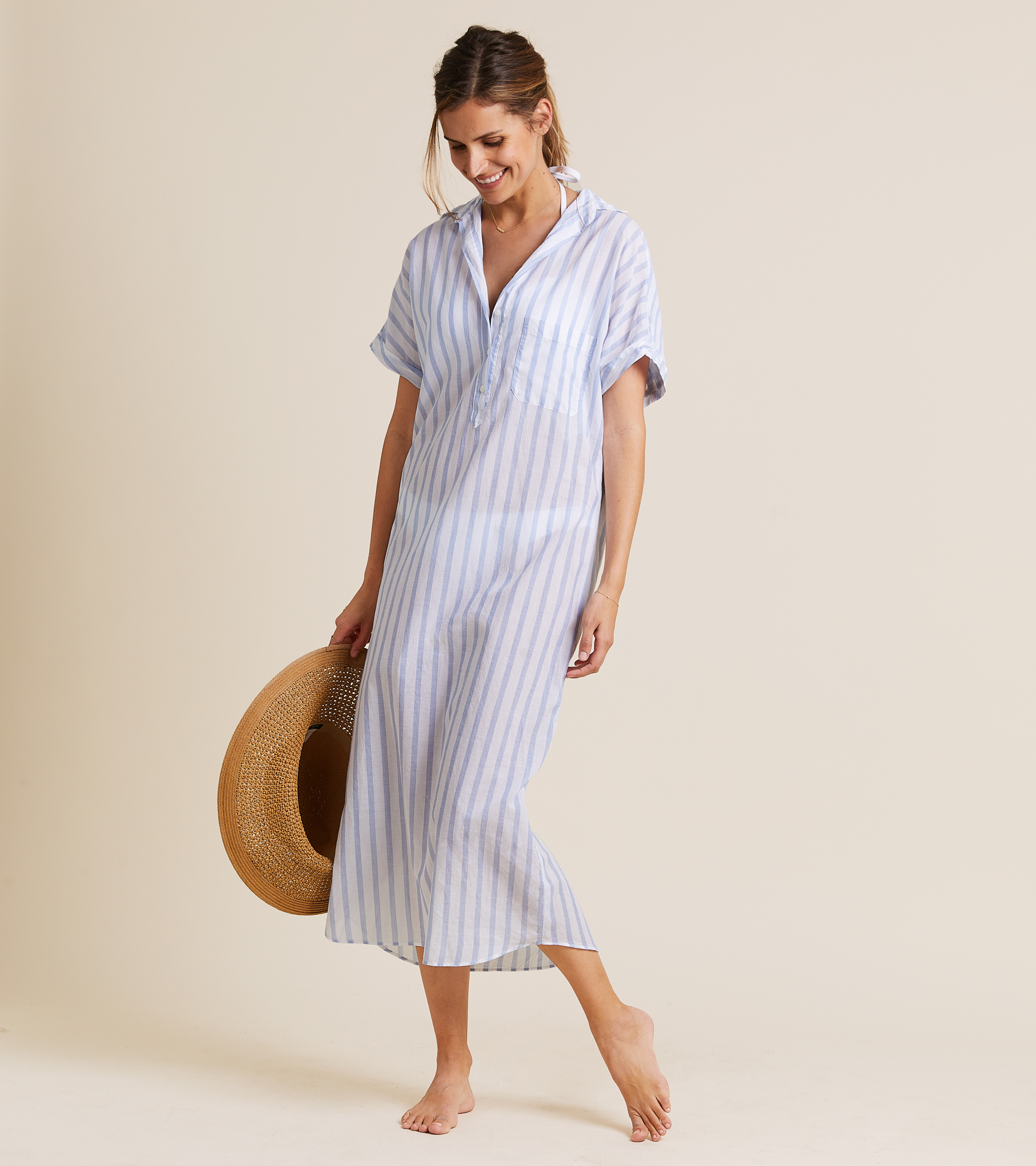 The Artist Full Length Dress Blue & White Stripe, Tumbled Linen view 2