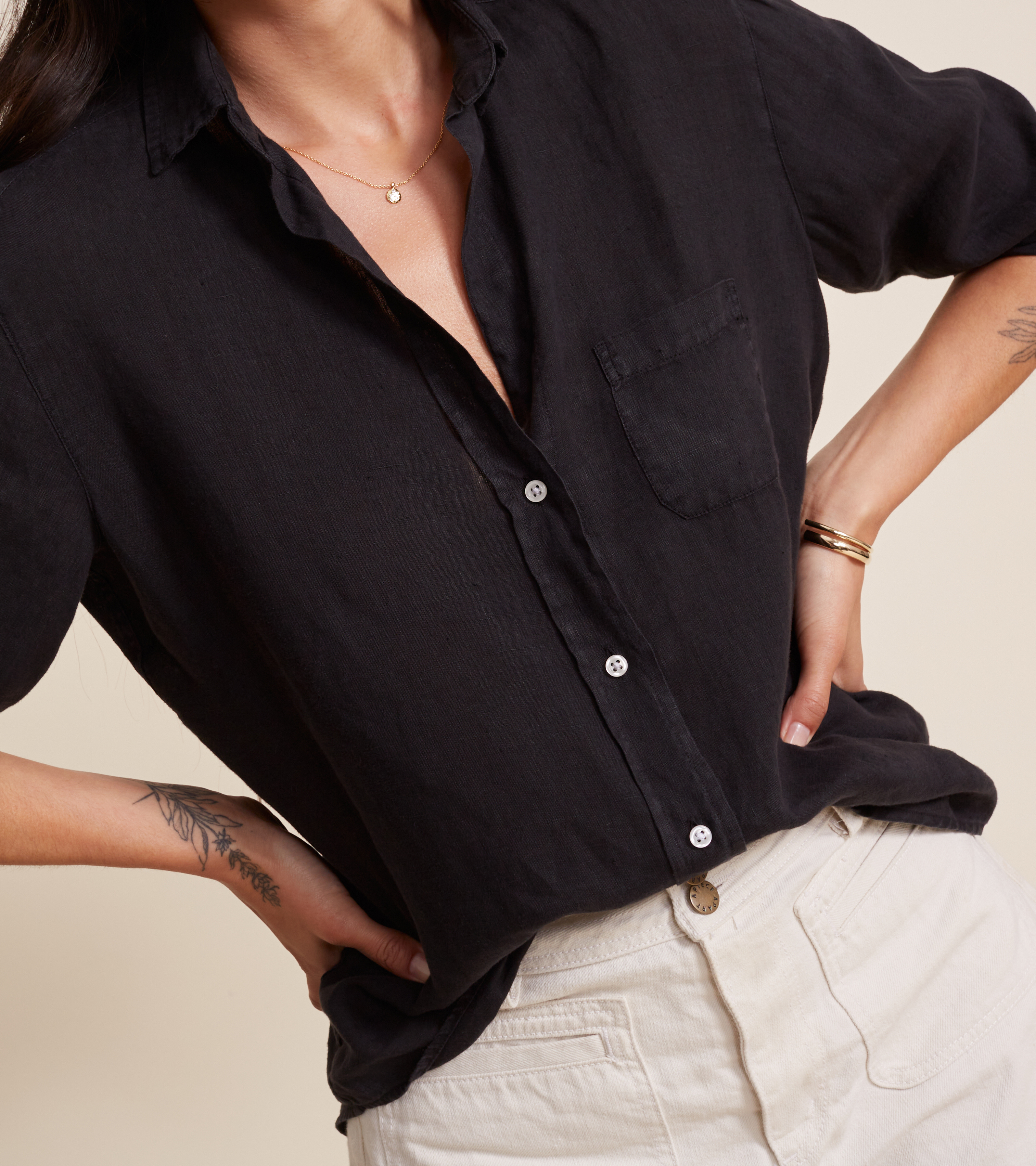 The Hero Button-Up Black, Garment Dyed Tumbled Linen view 2
