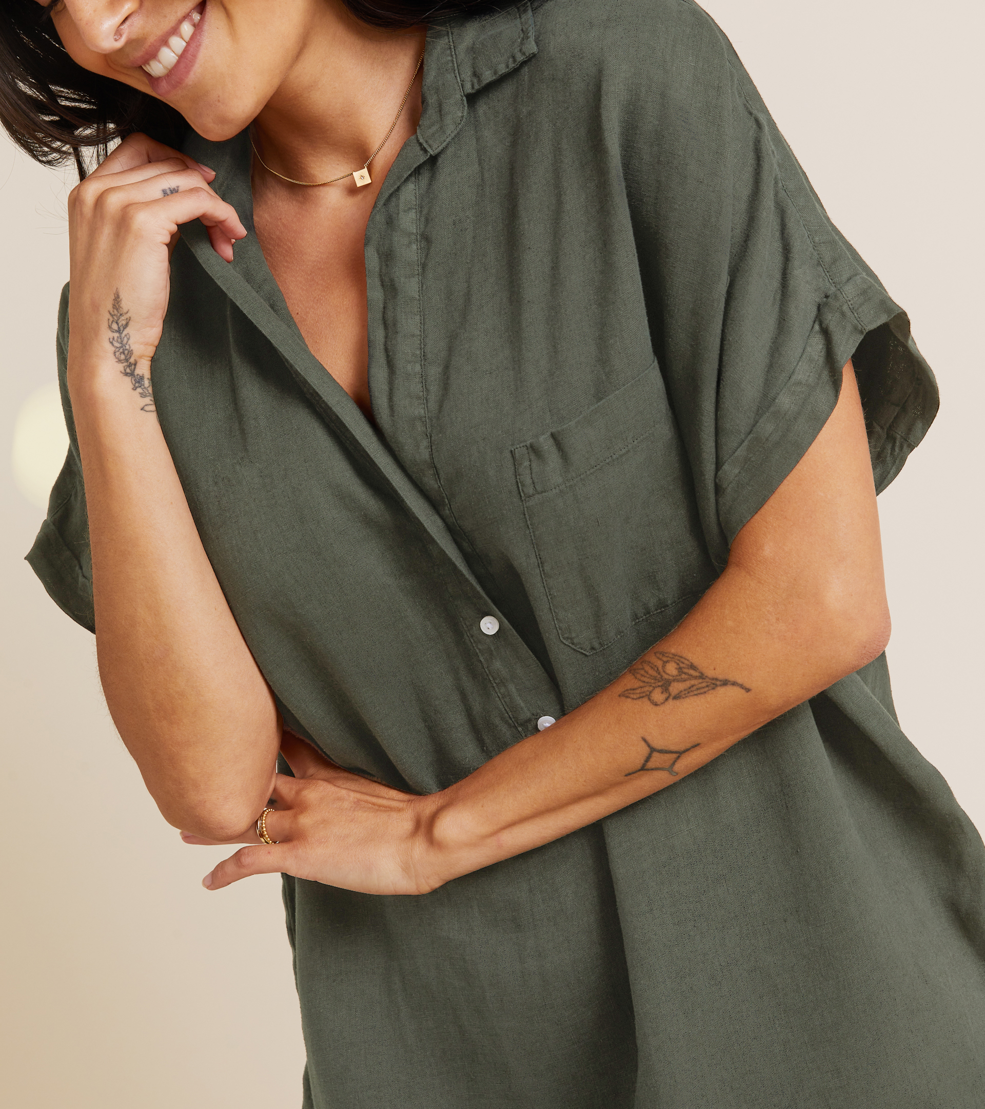 The Artist Short Sleeve Dress Army Green, Garment Dyed Tumbled Linen view 2
