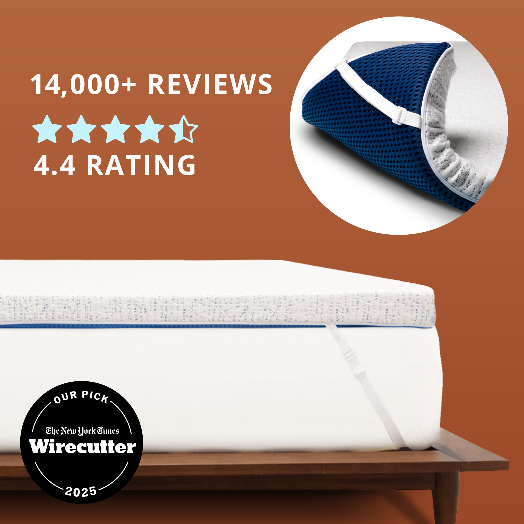 Orders placed by 2pm ships same day. 3" High Density Foam. Photo of a 3" thick white & blue mattress topper secured to a bed with adjustable straps.