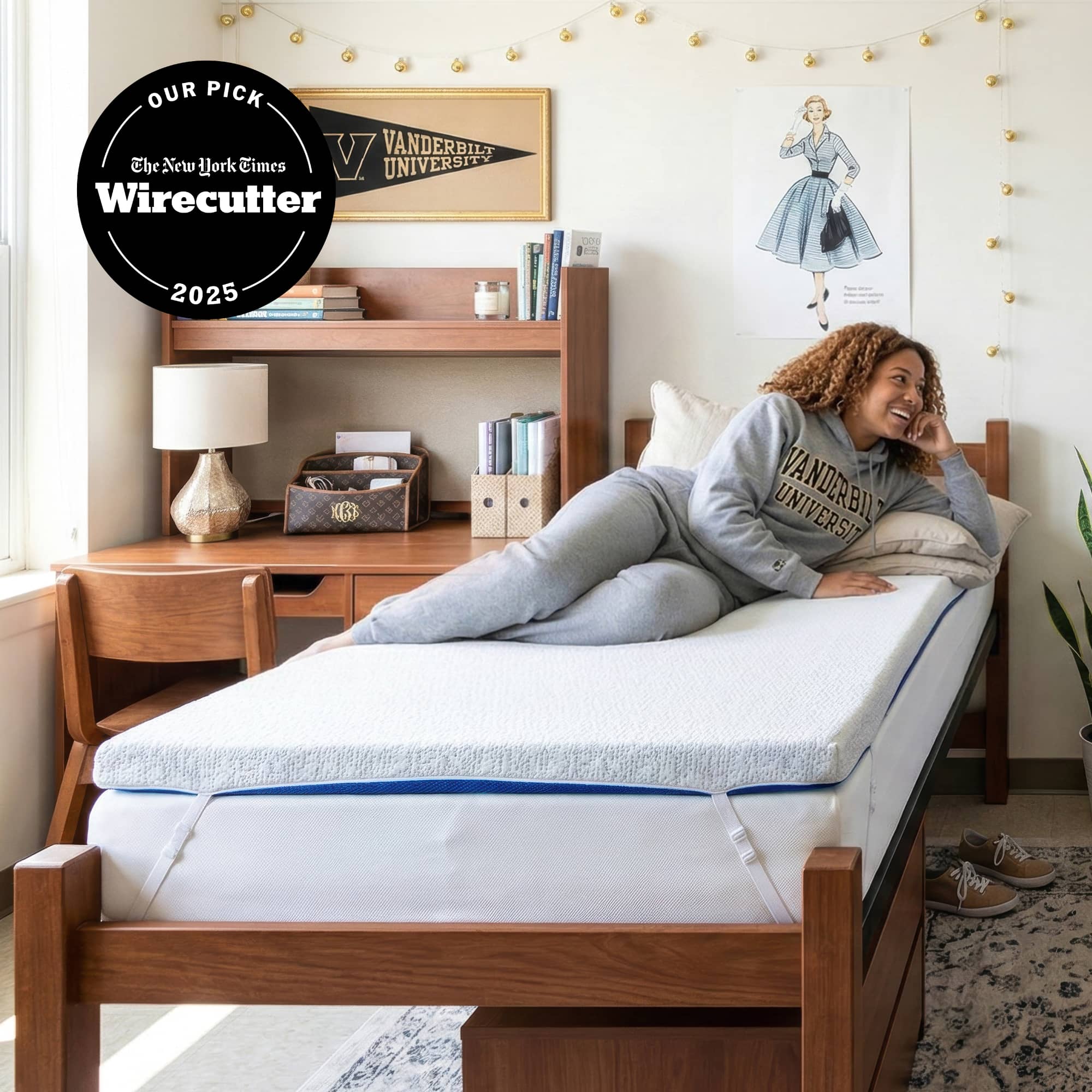 Orders placed by 2pm ships same day. 3" High Density Foam. Photo of a 3" thick white & blue mattress topper secured to a bed with adjustable straps.