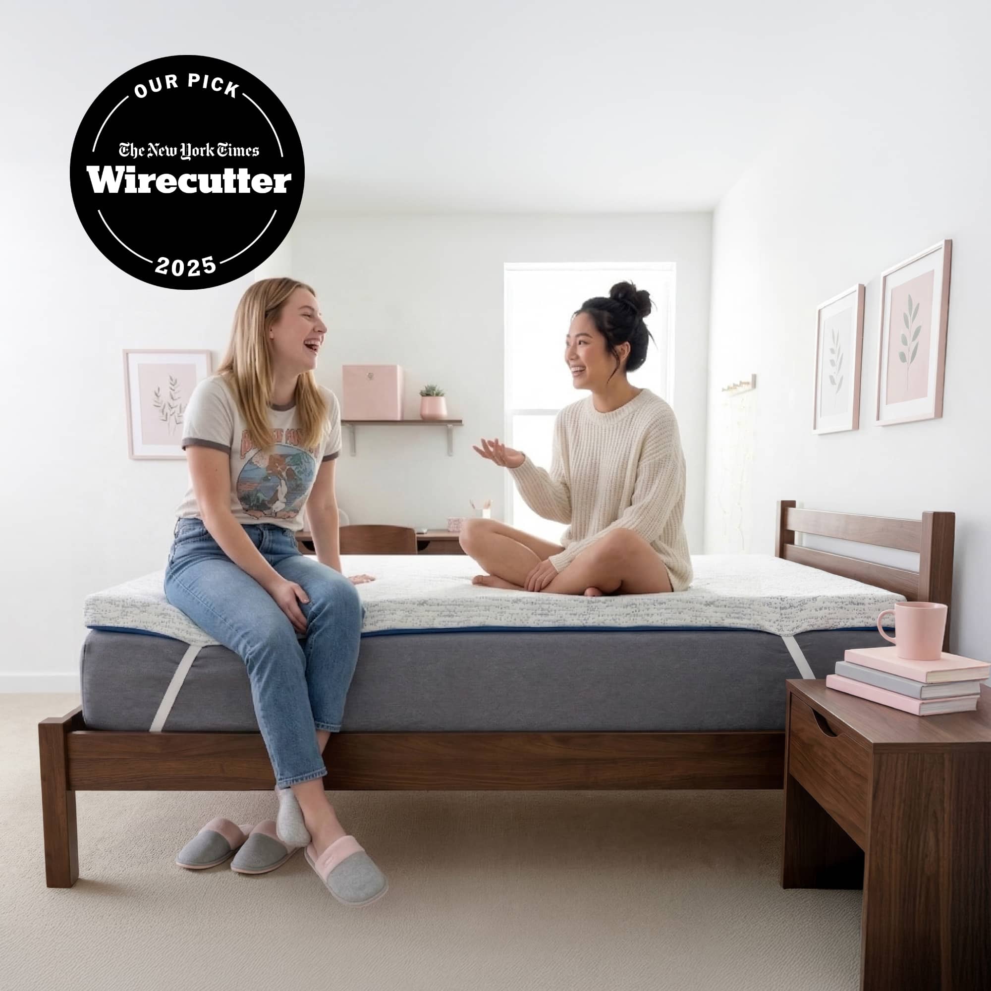 Orders placed by 2pm ships same day. Voted Best Twin XL Mattress Topper by Sleep Foundation. Photo of a college student smiling and sitting on a blue and white mattress topper.