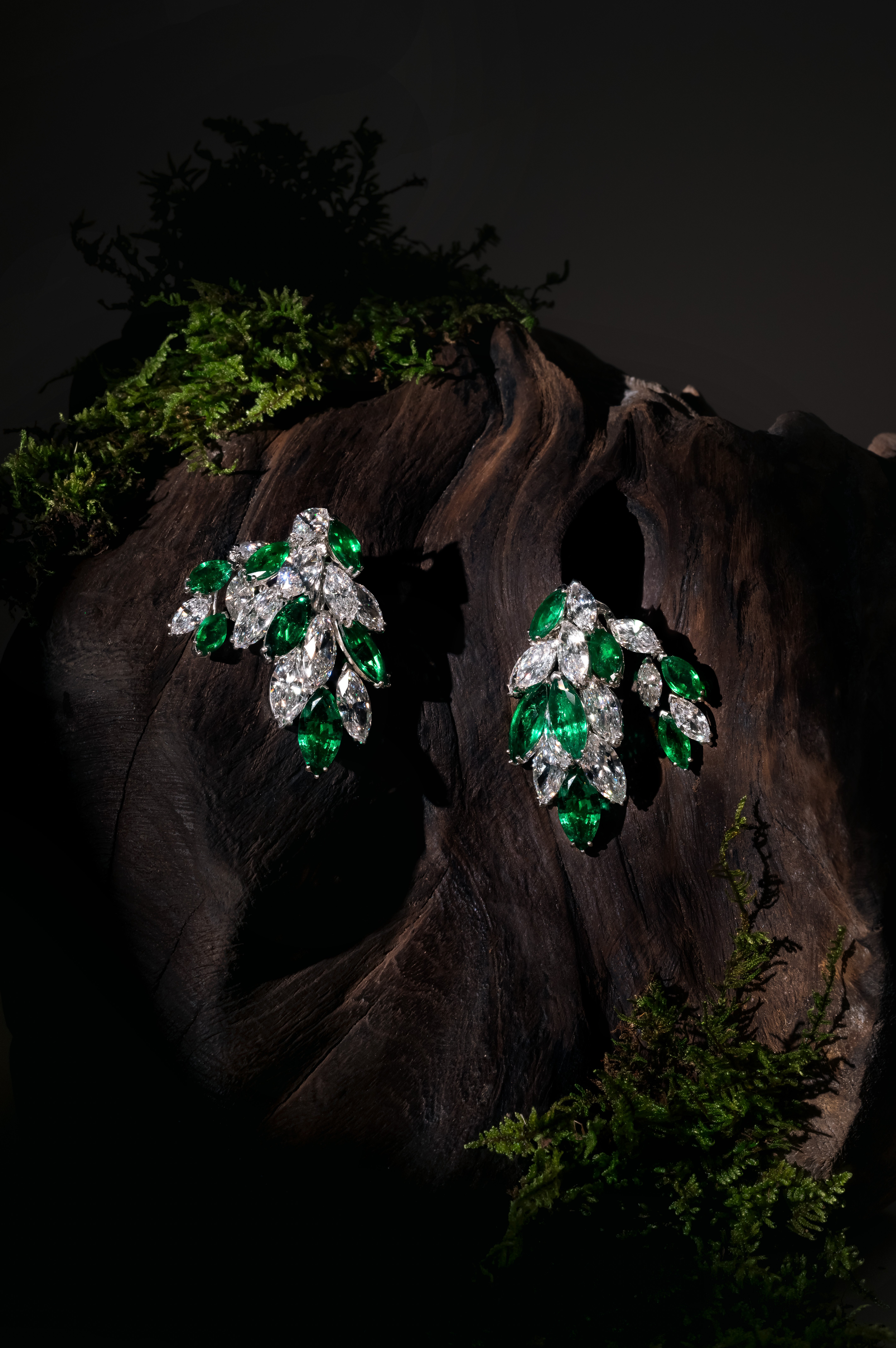 A pair of elegant silver and green gemstone earrings are displayed on a dark, textured wooden surface surrounded by small patches of green moss. The earrings feature leaf-like designs with sparkling stones that resemble a lush, natural setting.