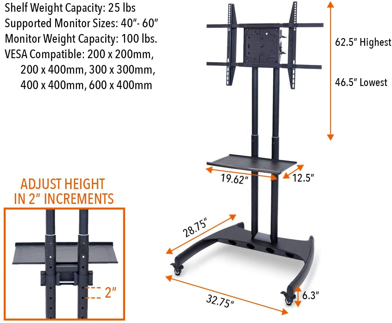 Large Rolling TV Stand | TV Cart by Stand Steady