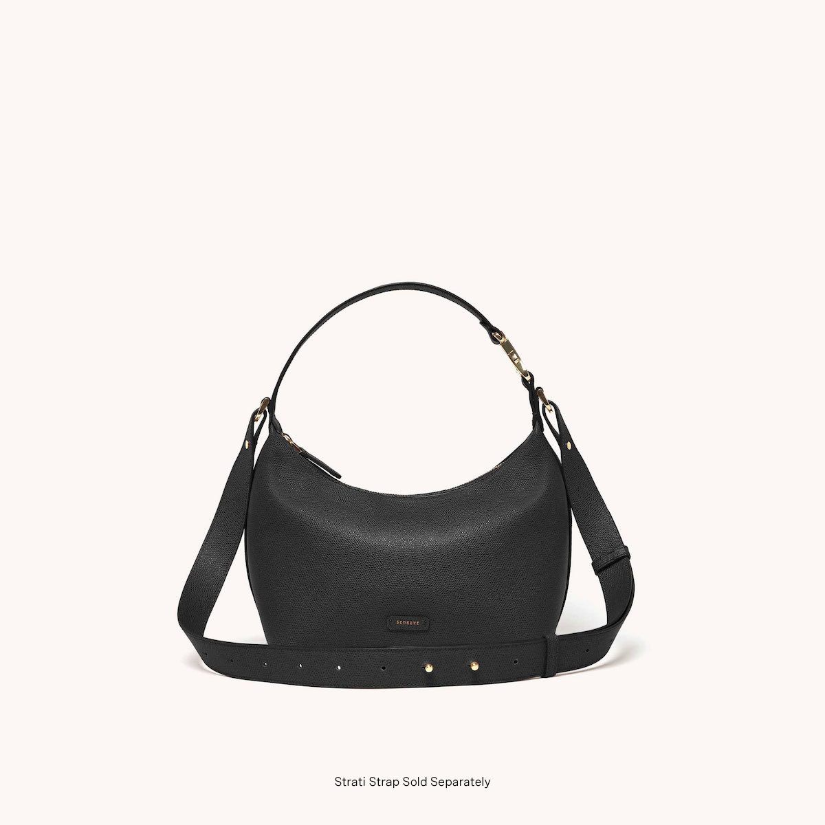 Strati Sporta Pebbled Noir with Gold Hardware Strati Strap Attached
