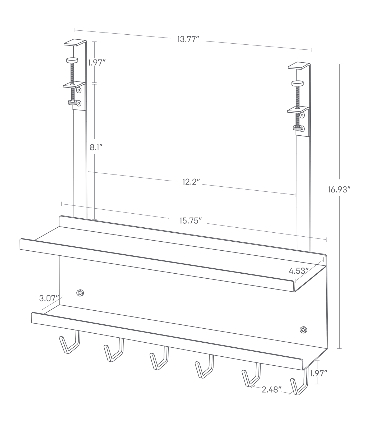 Dimension image for Under-Desk Cable & Router Storage Rack on a white background including dimensions  L 4.53 x W 15.75 x H 16.93 inches