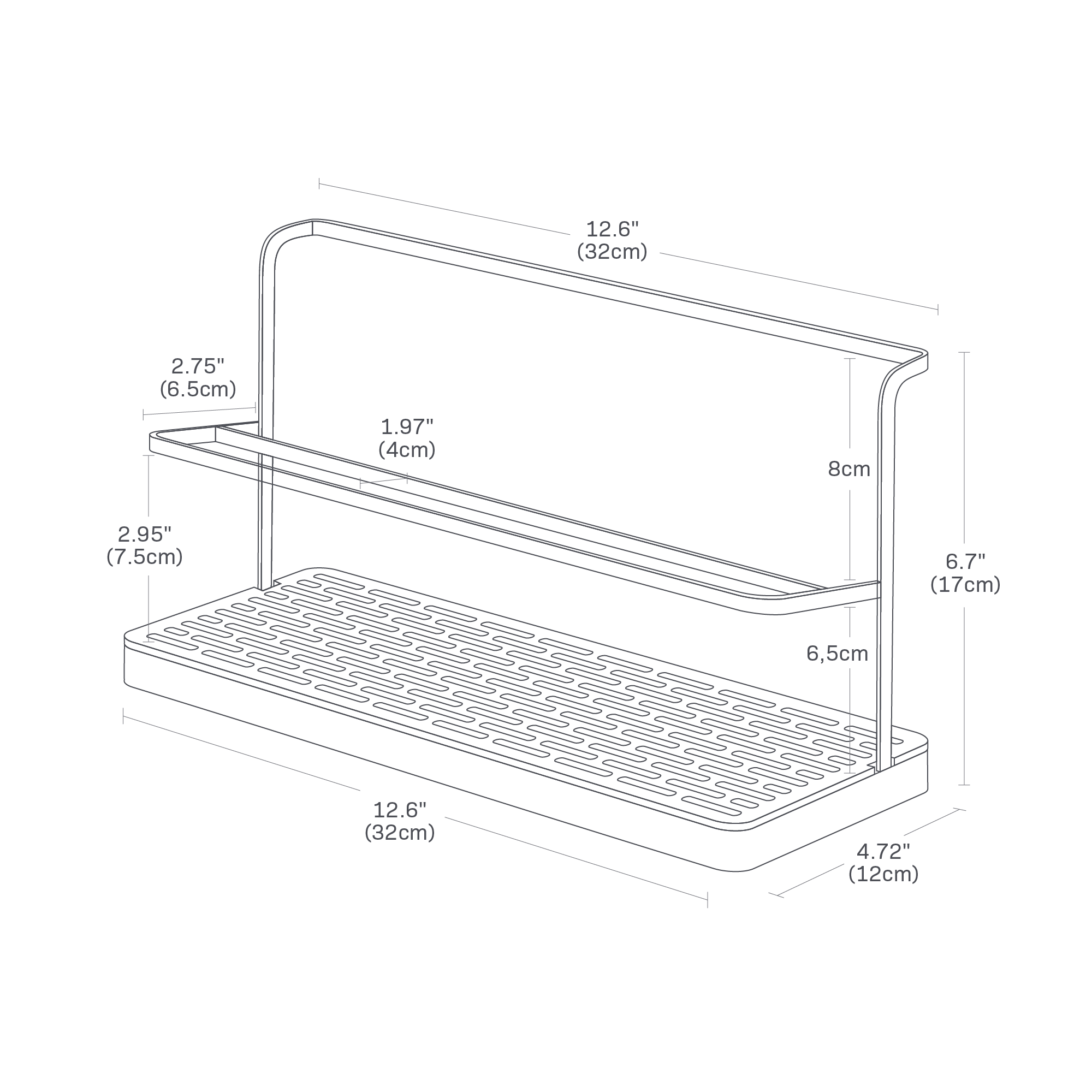 Dimension image for Countertop Bottle Drying Rackon a white background showingthe length of 12.6 inches, width of 4.72 inches, and height of 6.7 inches. The holder is positioned 2.36 inches above the bottom, with the outer frame measuring 2.75 inches in width at a height of 2.95 inches. There is a space of 1.97 inches for the bar.