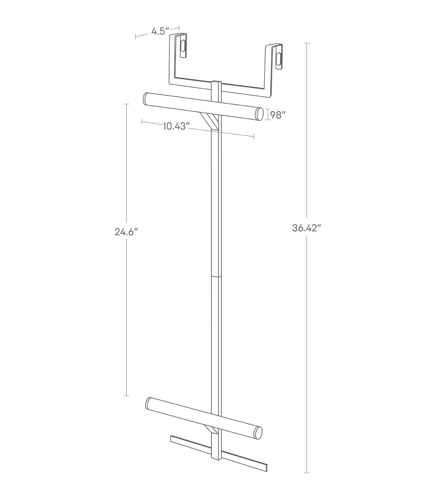 Dimension image for Over-the-Door Backpack Hanger on a white background with a total height of 36.42'', a hanger depth of 4.5'', two 10.43'' long poles for backpack straps with a diameter of 0.98'', and a 24.6'' long pole between the two poles
