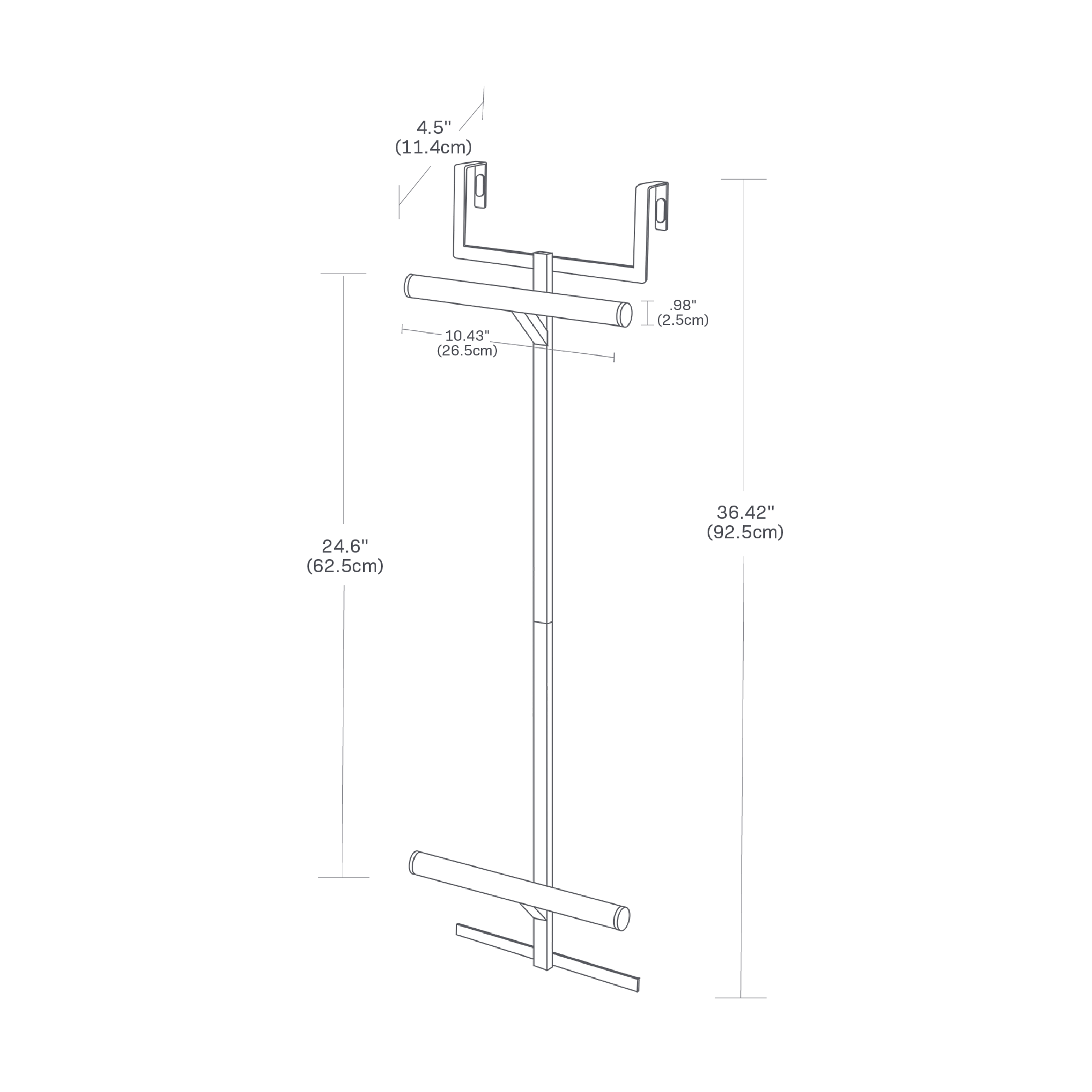 Dimension image for Over-the-Door Backpack Hanger on a white background with a total height of 36.42