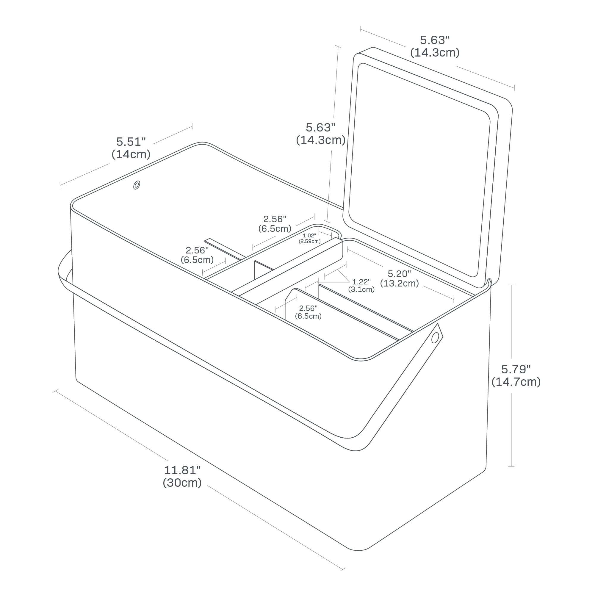 Dimension image for Makeup Organizer with Mirror showing a total length of 11.81 inches, width of 5.51 inches and height of 5.79 inches. Large inner tray dimensions of 5.20 inches spaced out by 1.22 inches and 2.56 inches. Smaller tray width of 1.02 inches and 2 2.56 inches compartments.