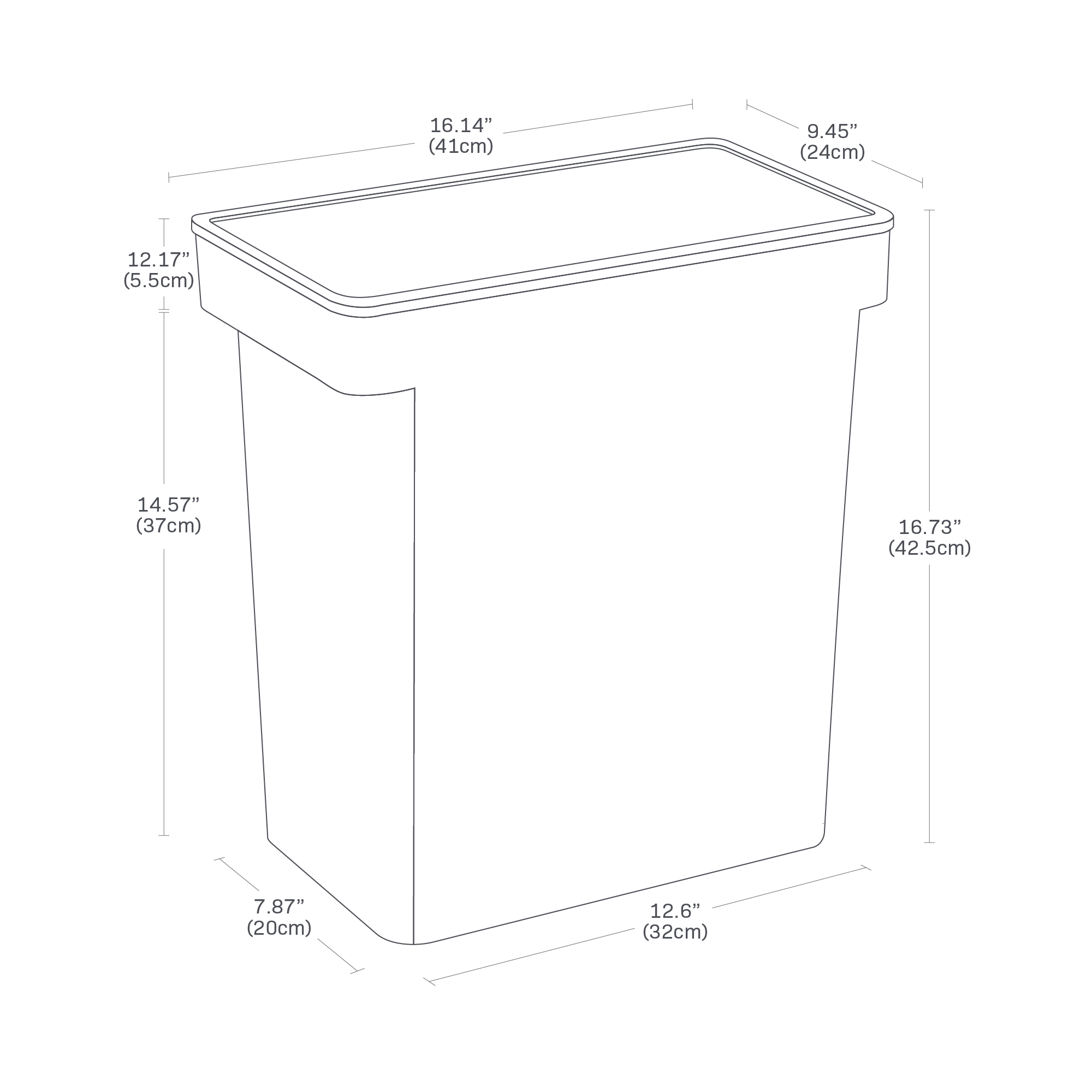 Dimension image for Rolling Airtight Pet Food Container (25 lbs.)on a white background showingThe length is 12.6 inches, with a width of 7.87 inches at the bottom. The opening has a length of 16.14 inches and a width of 9.45 inches. The height is 16.73 inches, and the wide opening starts at a height of 14.57 inches