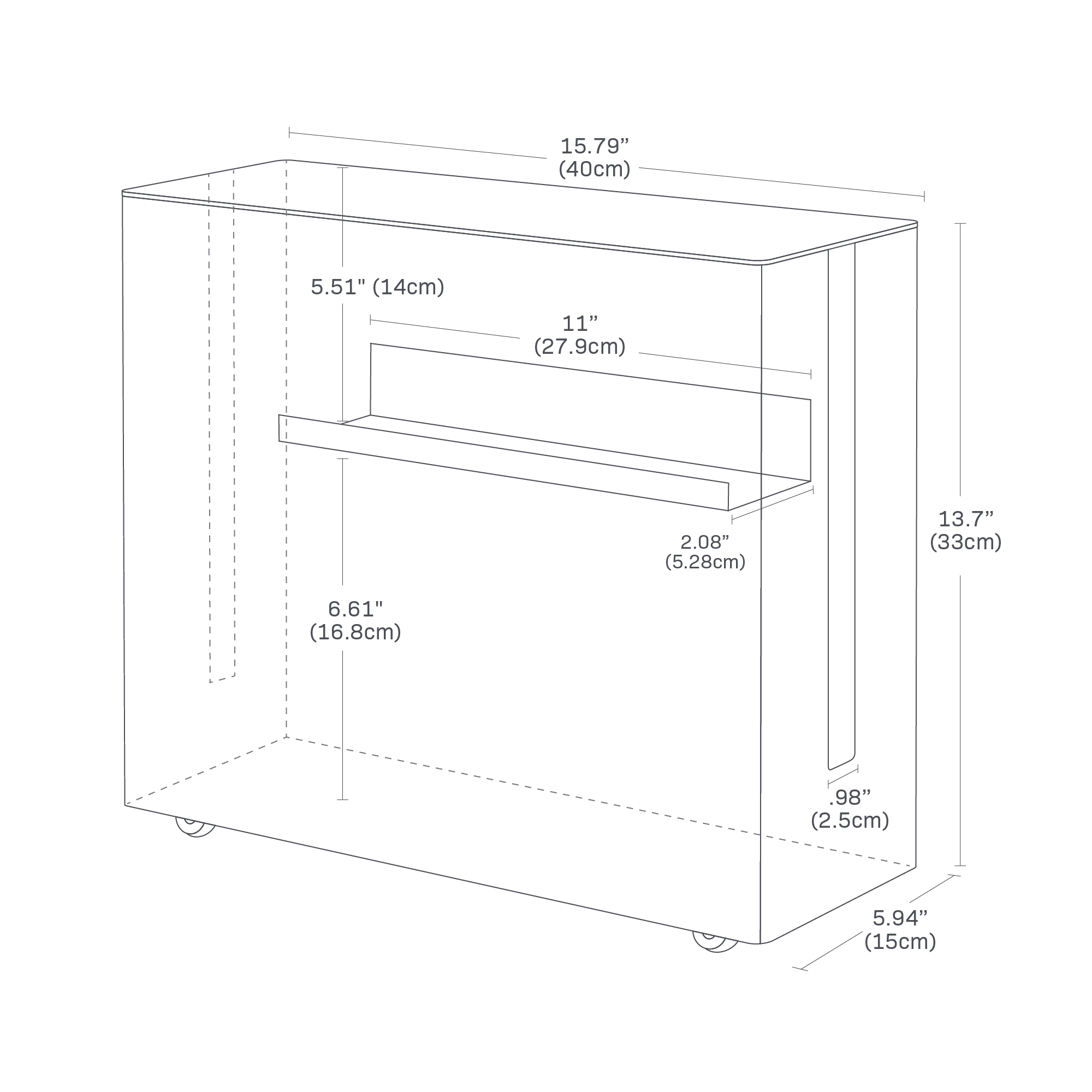 Dimension image for Rolling Cable Management Box showing a total length of 15.79 inches, width of 5.94 inches, and height of 13.7 inches. Inner shelf is 11 inches by 2.08 inches. Shelf is spaced from bottom at 6.61 inches and 5.51 inches to top. Wire opening is 0.98 inches.
