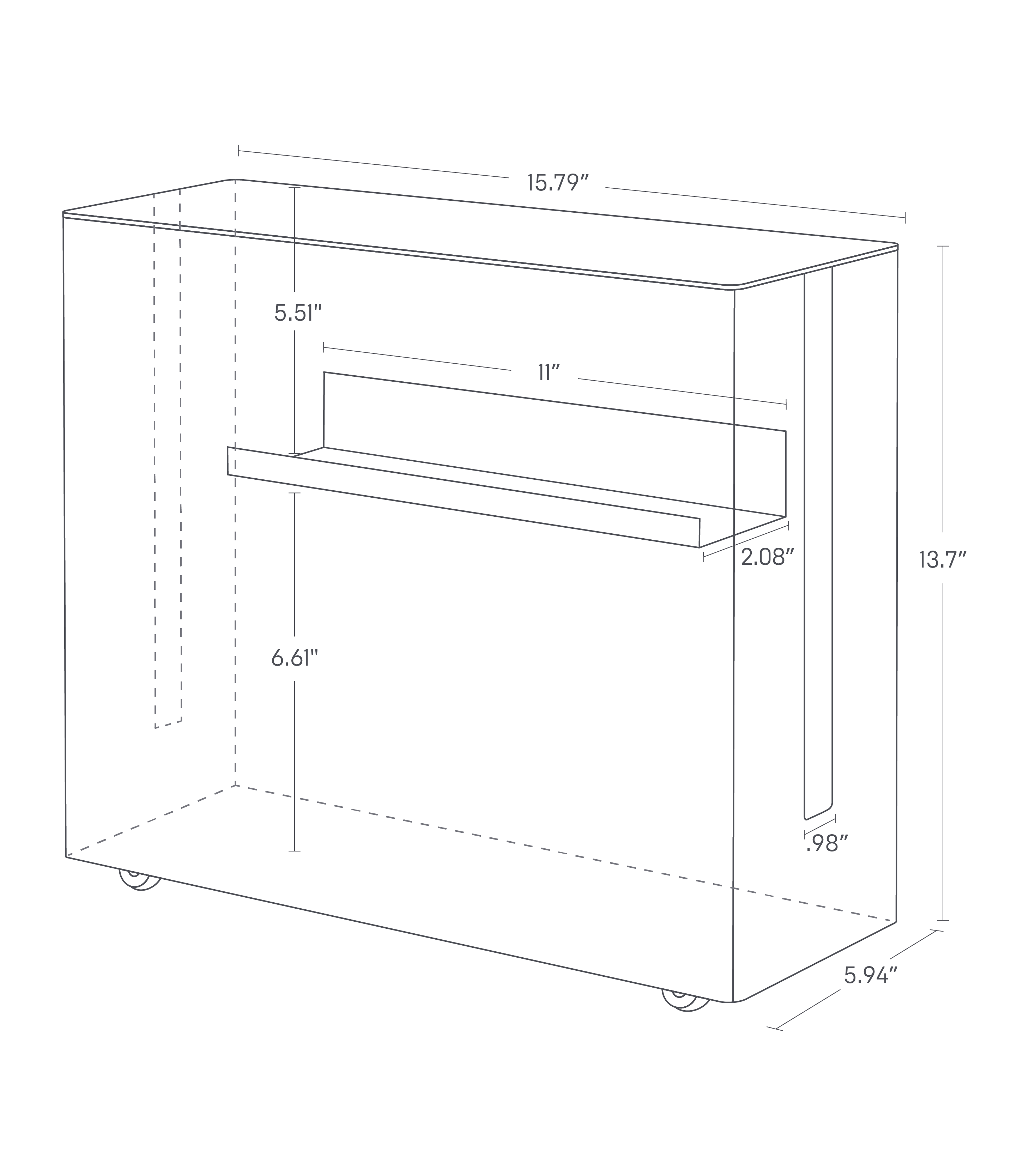 Dimension image for Rolling Cable Management Box showing a total length of 15.79
