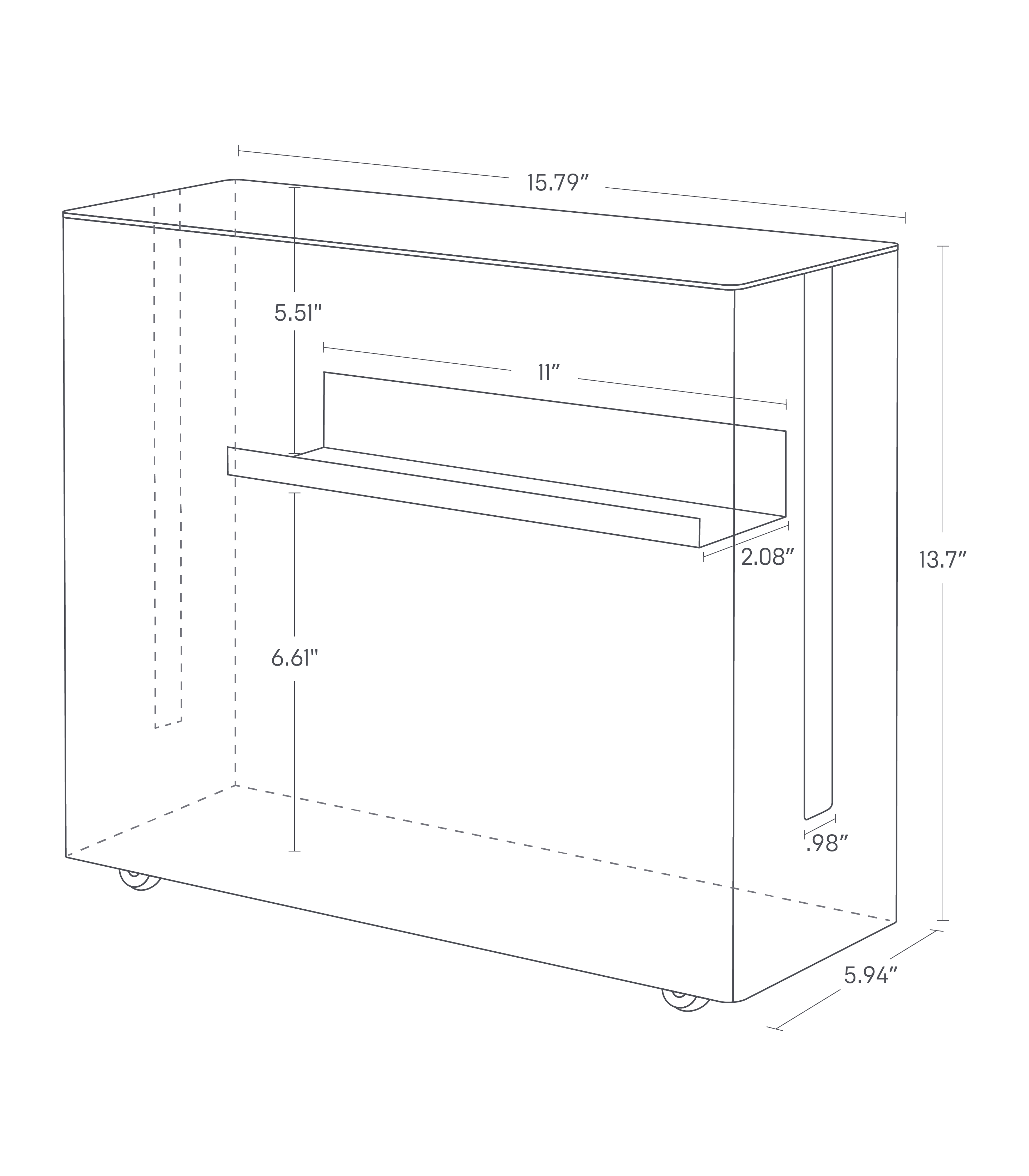 Dimension image for Rolling Cable Management Box showing a total length of 15.79