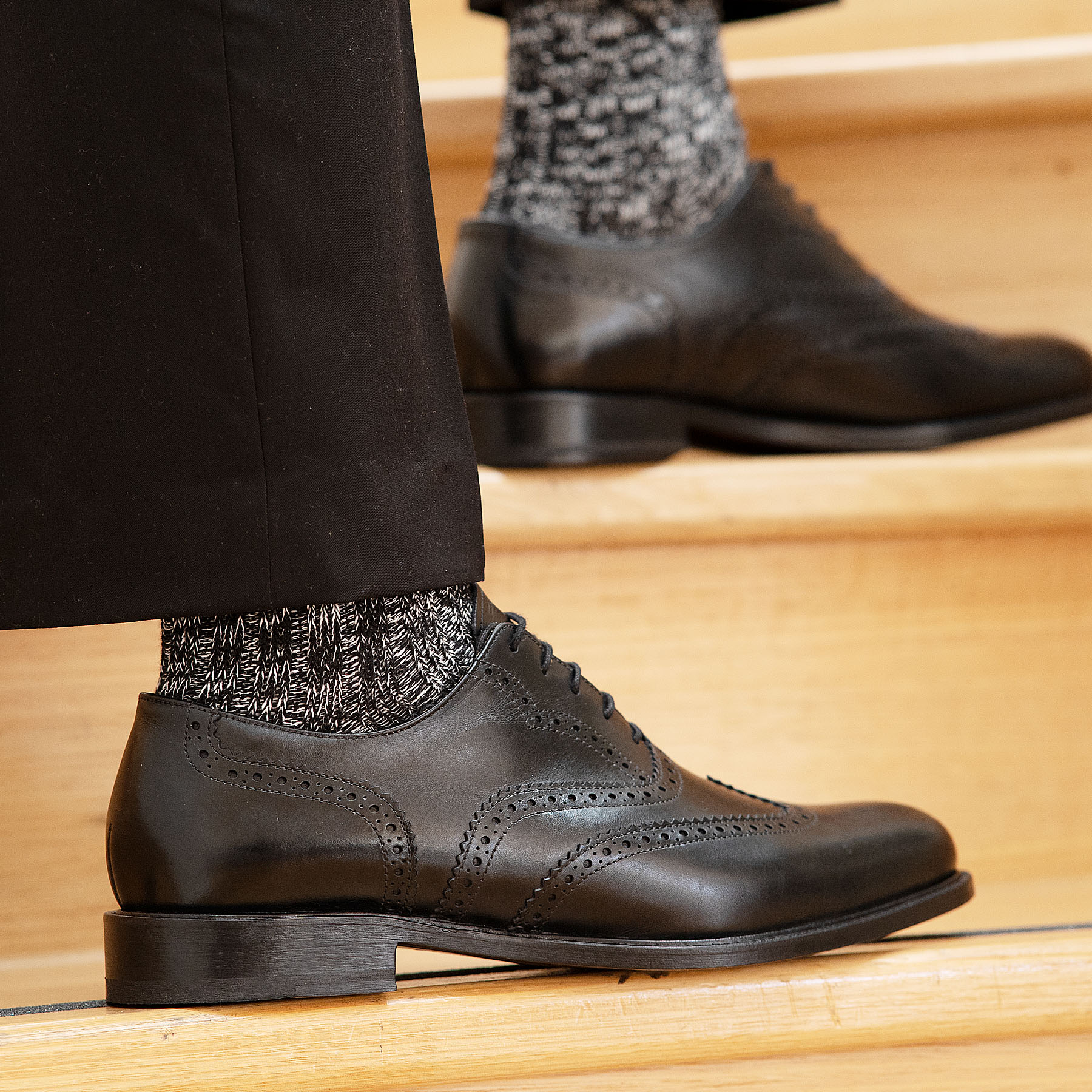 The Simba oxford full brogue dress shoes paired with 100% wool black dress pant