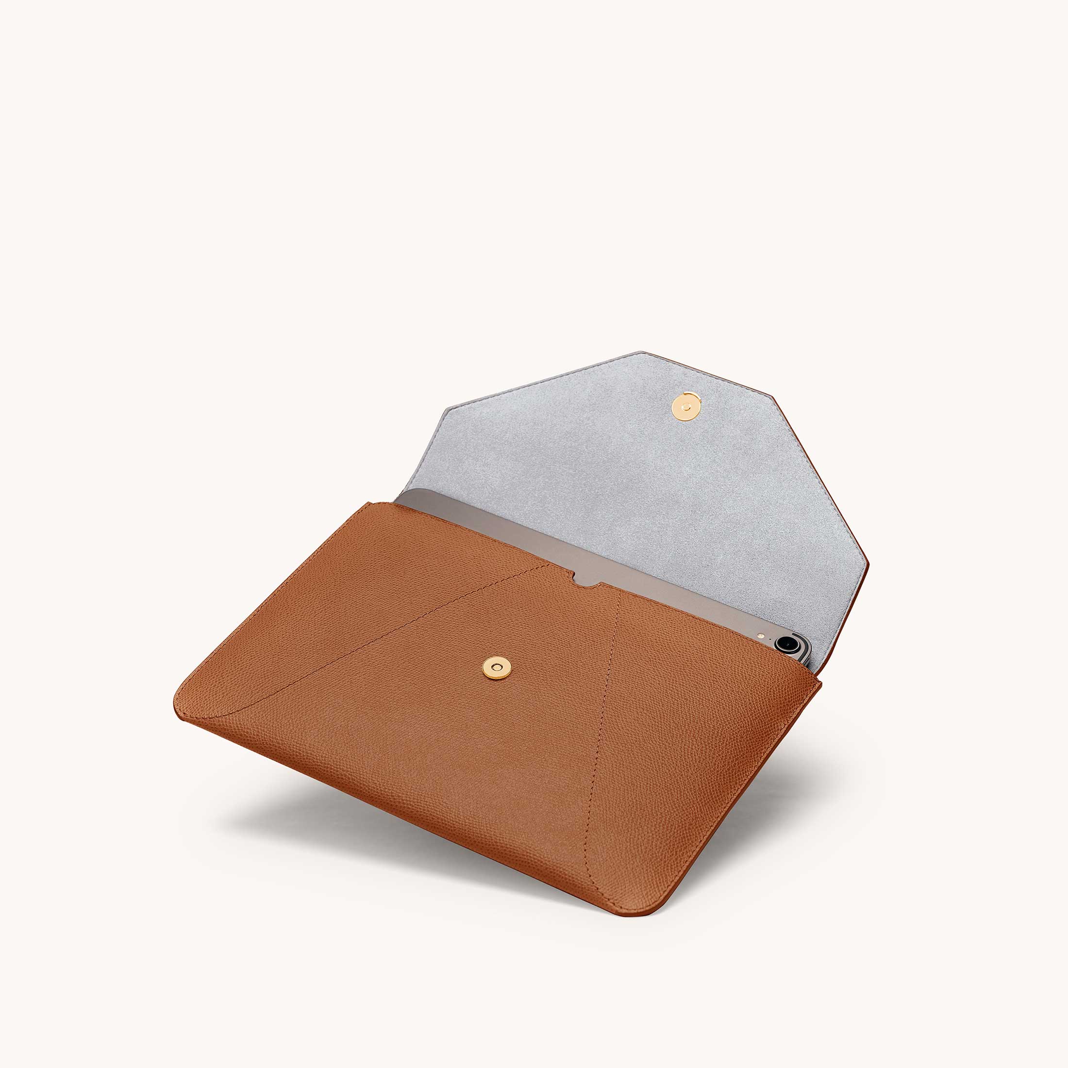 Mini envelope sleeve in chestnut angled view with flap open.
