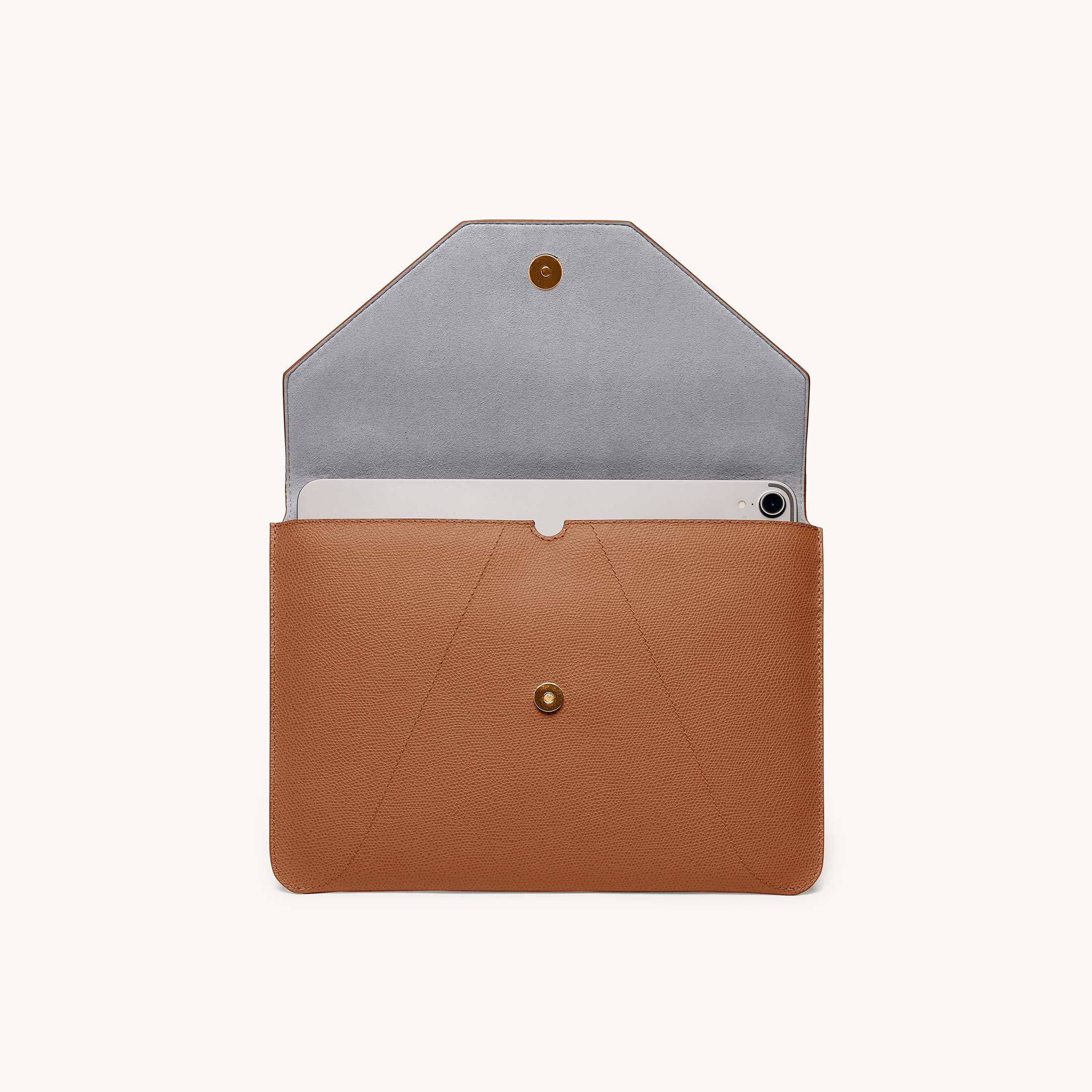 Mini envelope sleeve in chestnut front view with flap open.