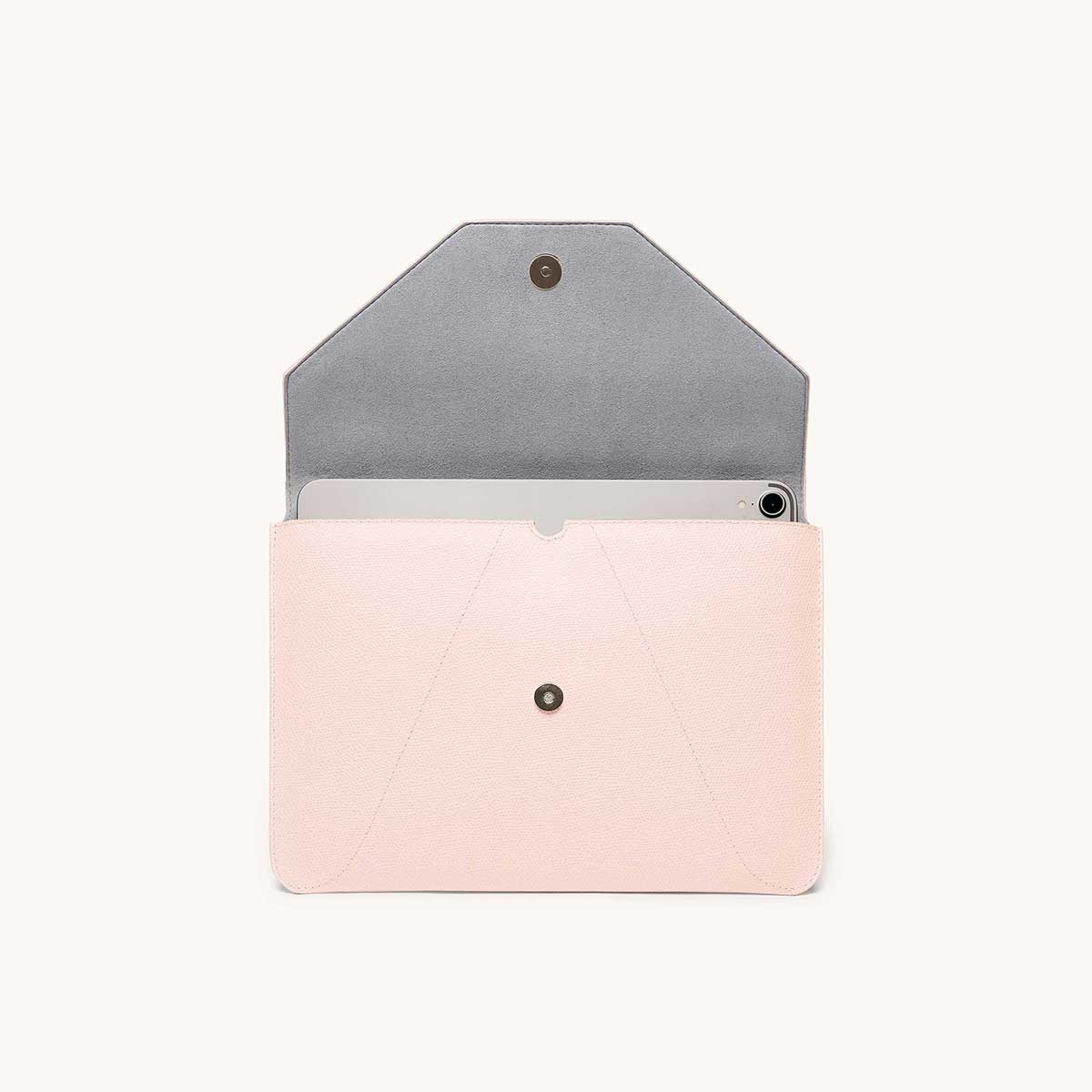Mini envelope sleeve in blush front view with flap open.