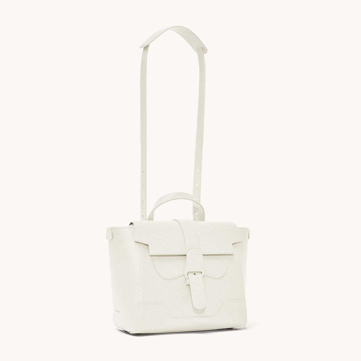Midi Maestra Bag Pebbled Cream with Silver Hardware Front View with Long Strap
