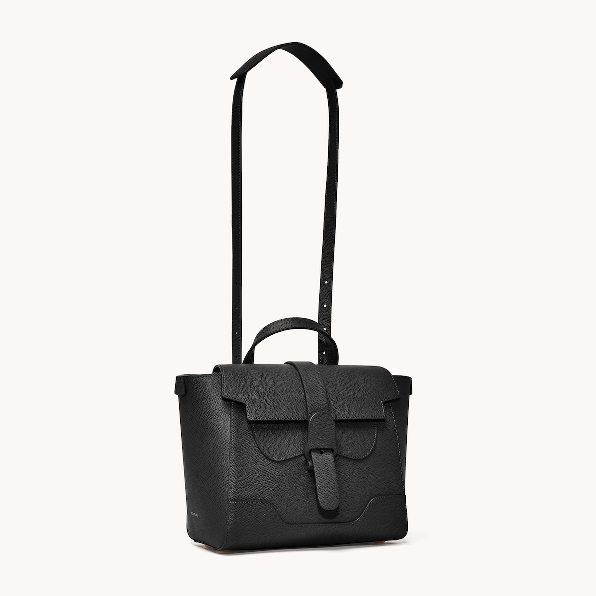 Midi Maestra Bag Pebbled Noir with Gold Hardware Front View with Long Strap