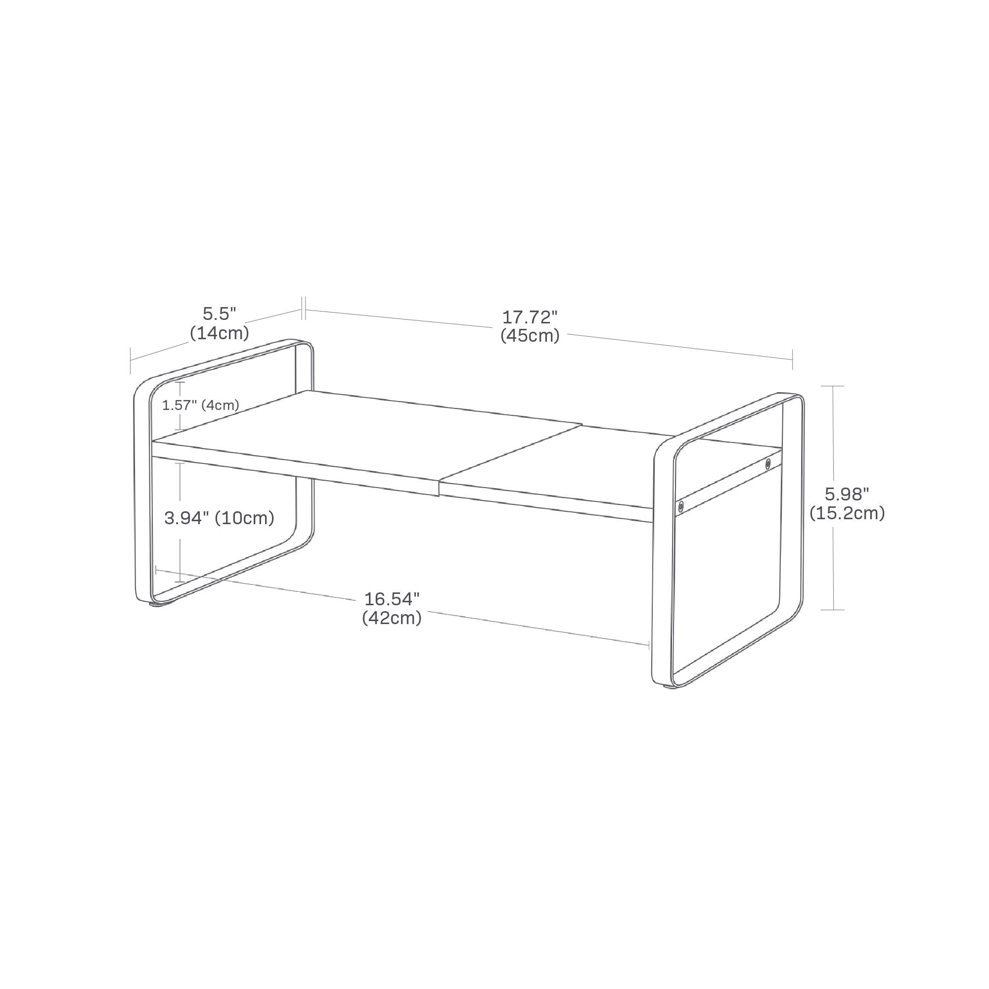 Dimension Image for Expandable Kitchen Riser on a white background showing height of 5.98 inches, width of 17.72 inches, length of 7.87 inches, internal width of 16.54 inches, height from rack to floor of 3.94 inches, and height from rack to top of 1.57 inches.