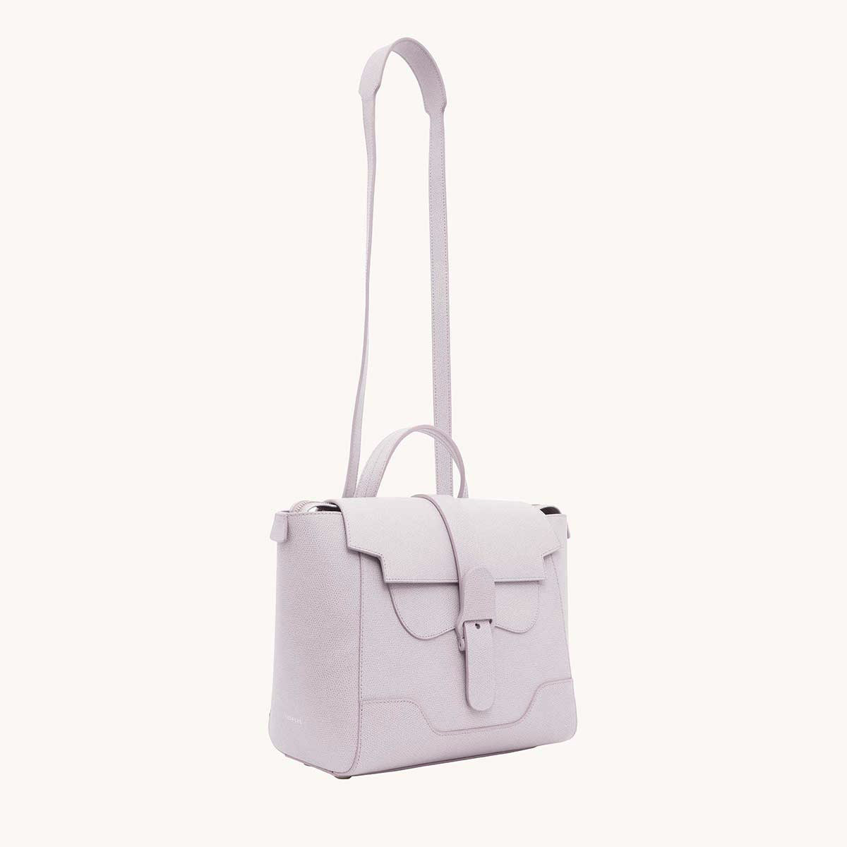 Midi Maestra Bag Pebbled Lavender with Silver Hardware Front View with Long Strap