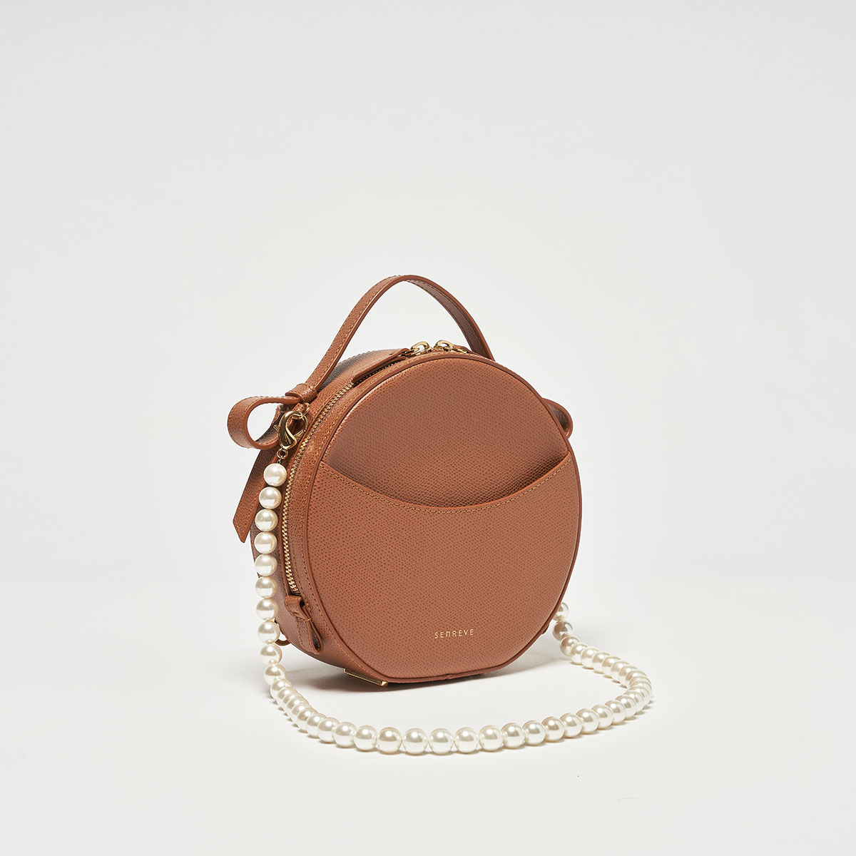 Circa Bag Pebbled Chestnut with Gold Hardware and Pearl Shoulder Chain Attached
