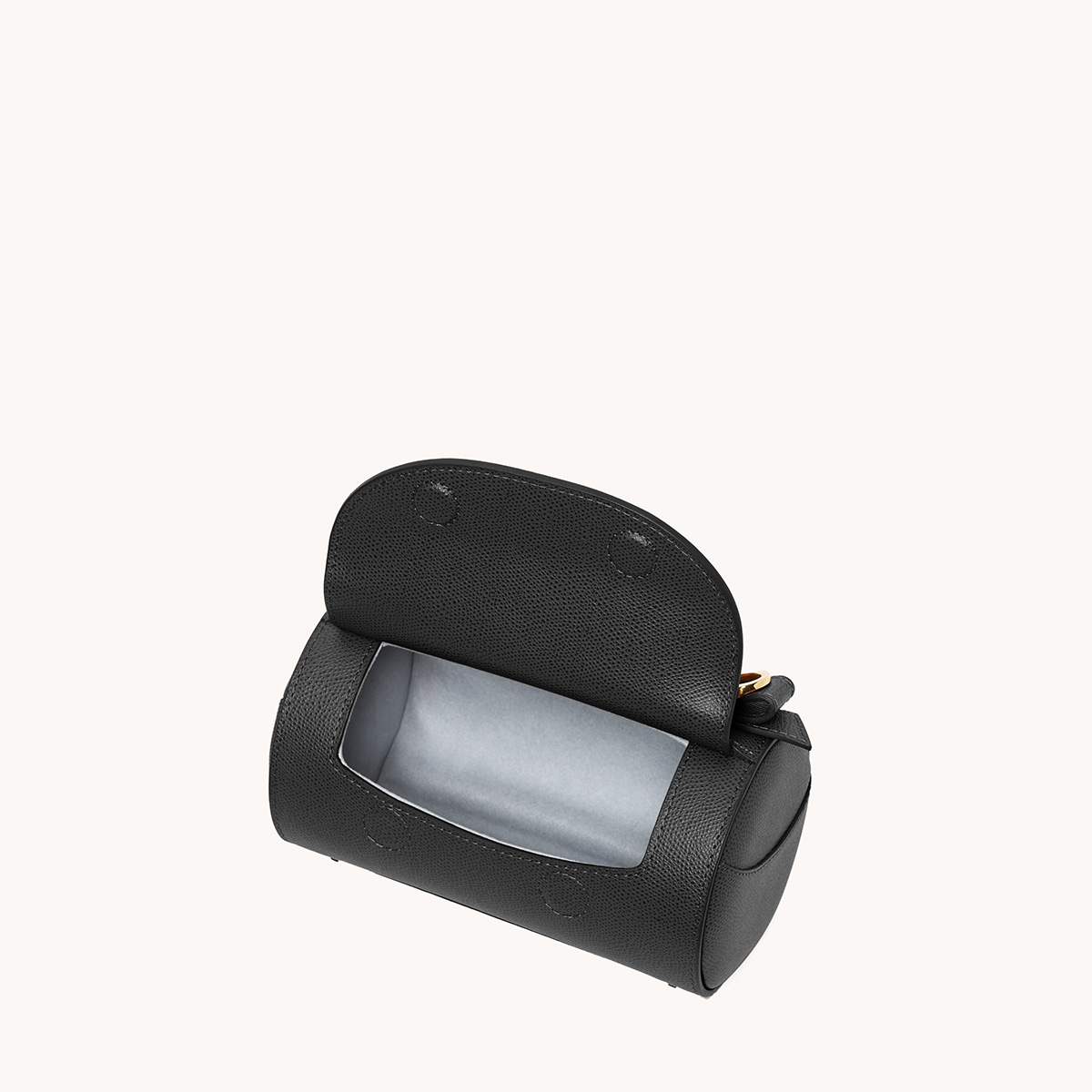 Mini Barrel Bag Pebbled Noir with Gold Hardware Interior