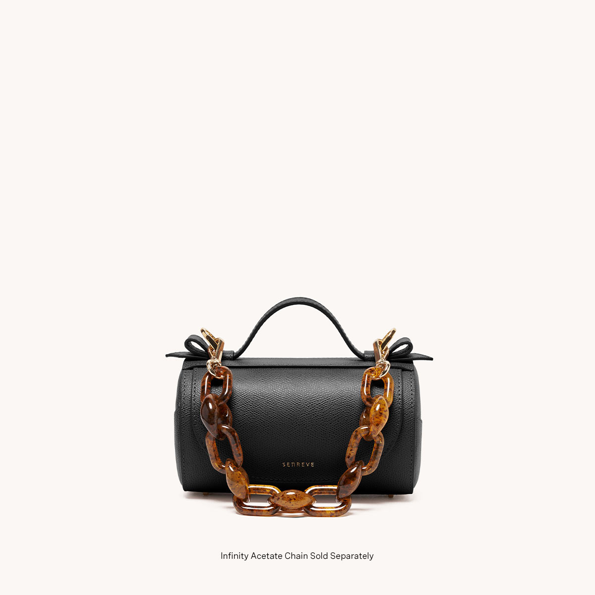 Mini Barrel Bag Pebbled Noir Gold Hardware Front, Removable Infinity Acetate Chain Link Strap Attached
