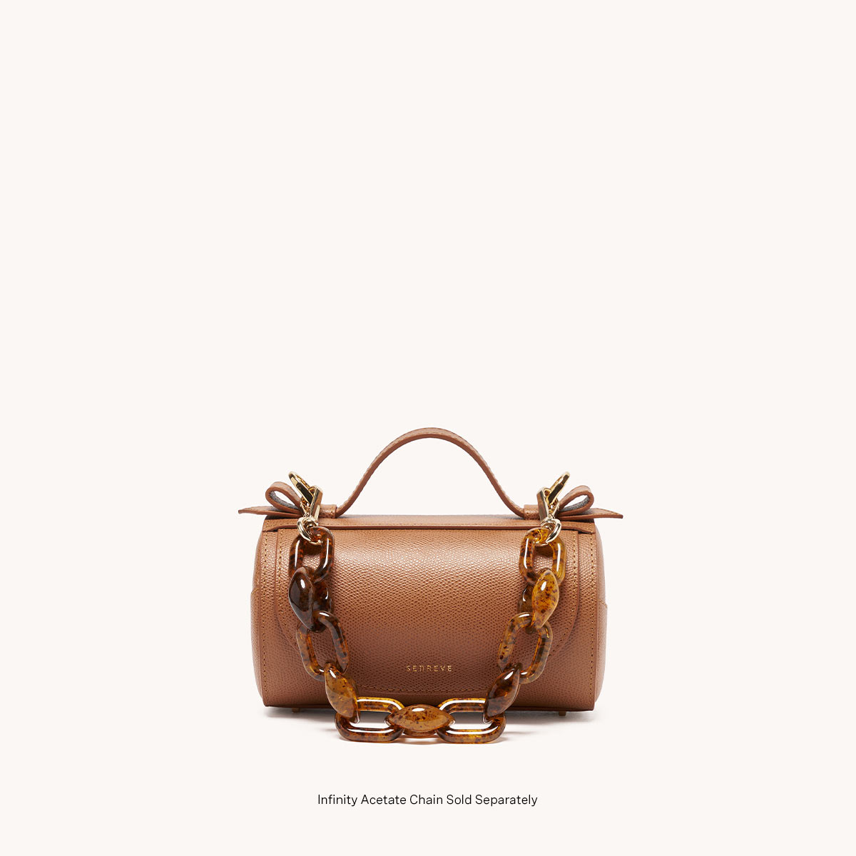 Mini Barrel Bag Pebbled Chestnut Gold Hardware Front, Removable Infinity Acetate Chain Link Strap Attached