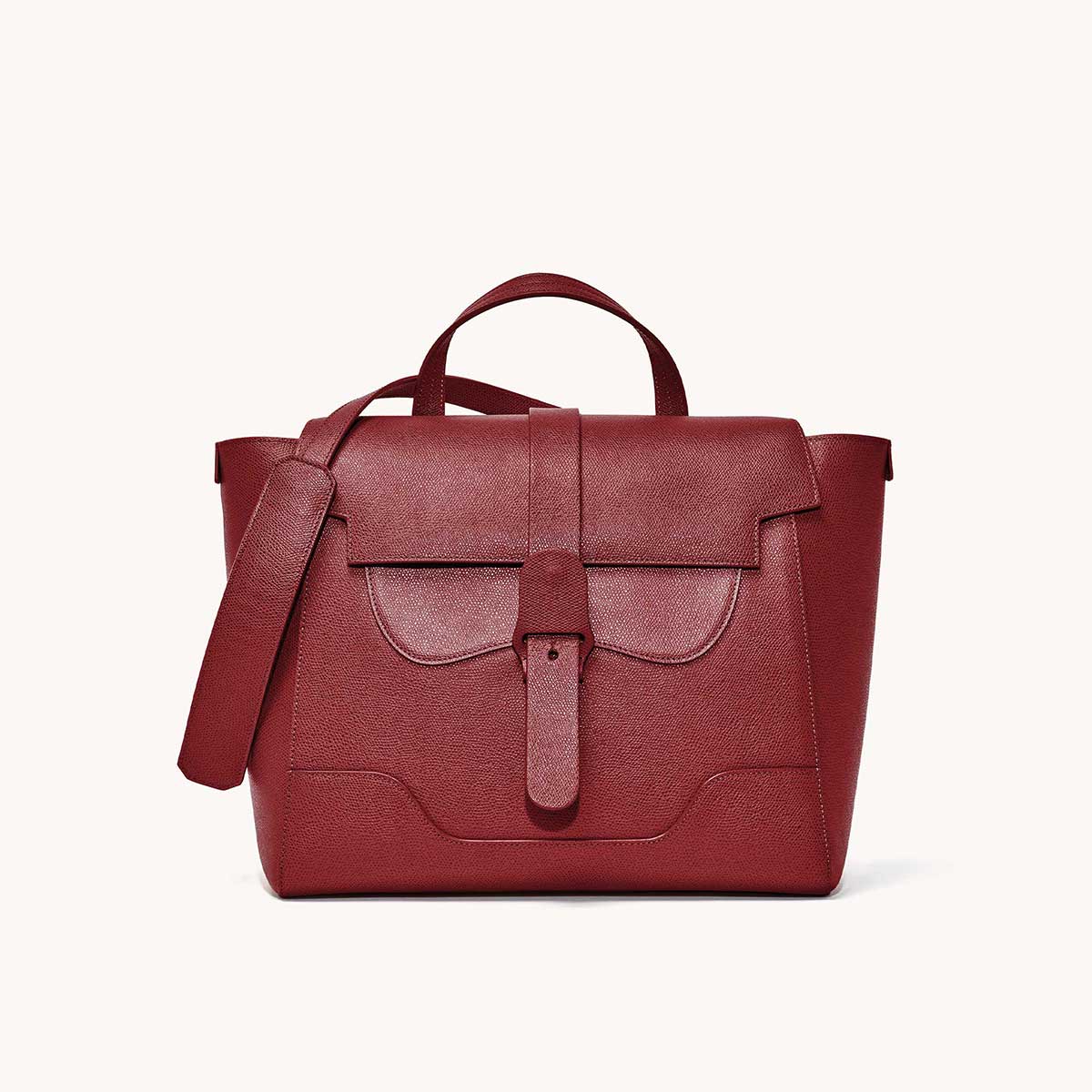 Maestra Bag Pebbled Merlot with Gold Hardware Front View with long strap draped over top