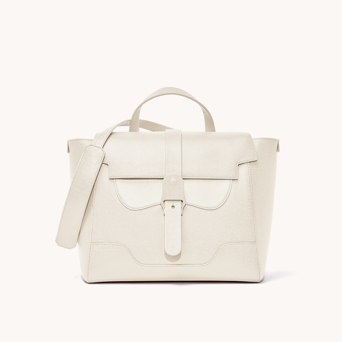 Maestra Bag Pebbled Cream with Silver Hardware Front View with long strap draped over top