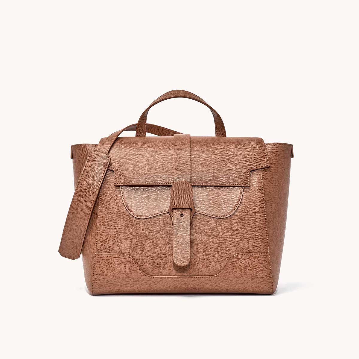 Maestra Bag Pebbled Chestnut with Gold Hardware Front View with long strap draped over top