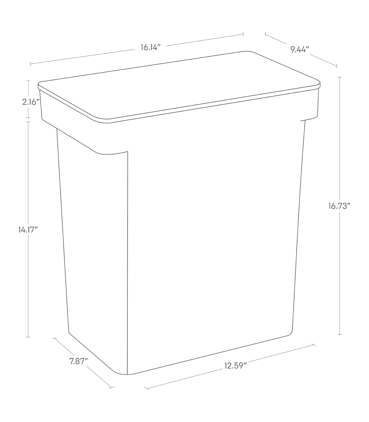 Dimension image for Airtight Rolling Trash Can on a white background including dimensions  L 9.45 x W 16.14 x H 16.73 inches