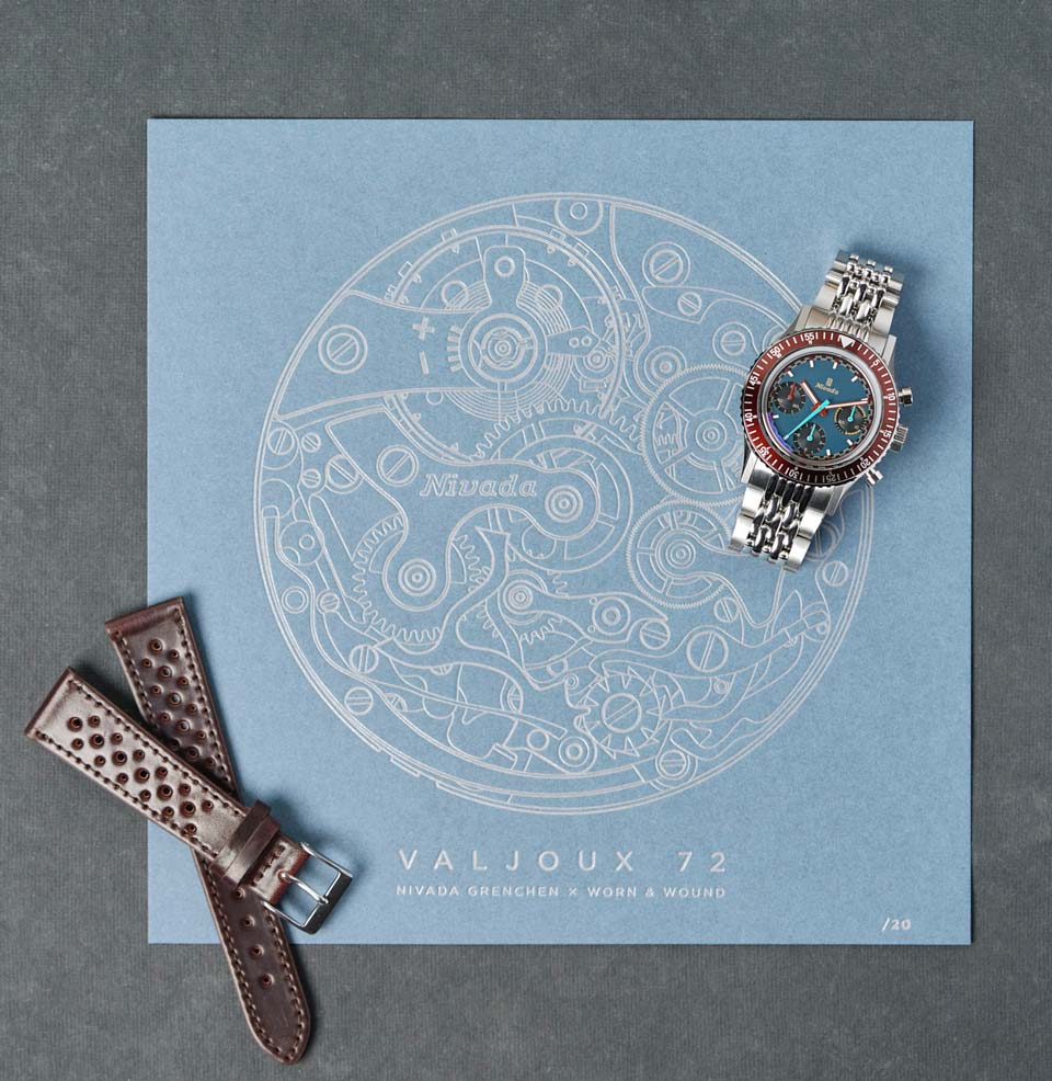 Nivada Grenchen x Worn & Wound Chronomaster Valjoux 72 Additional numbered print and cordovan strap