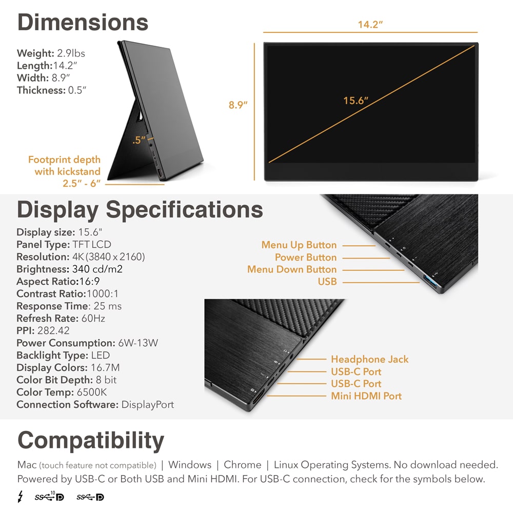 15.6 4K Touch Solo Side Trac specs and dimensions for solo 4k touch dual monitor