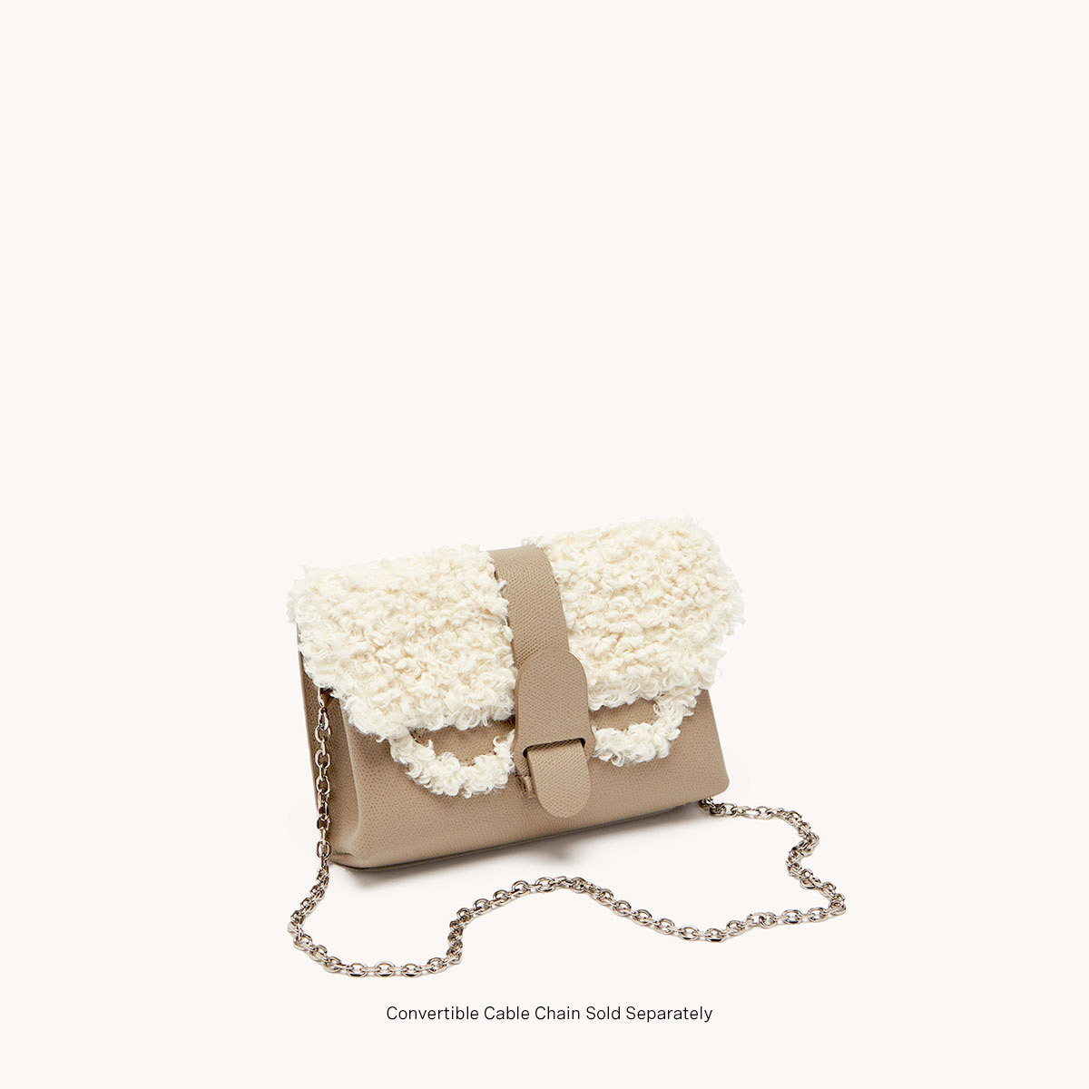 aria belt bag faux shearling sand side view with silver chain