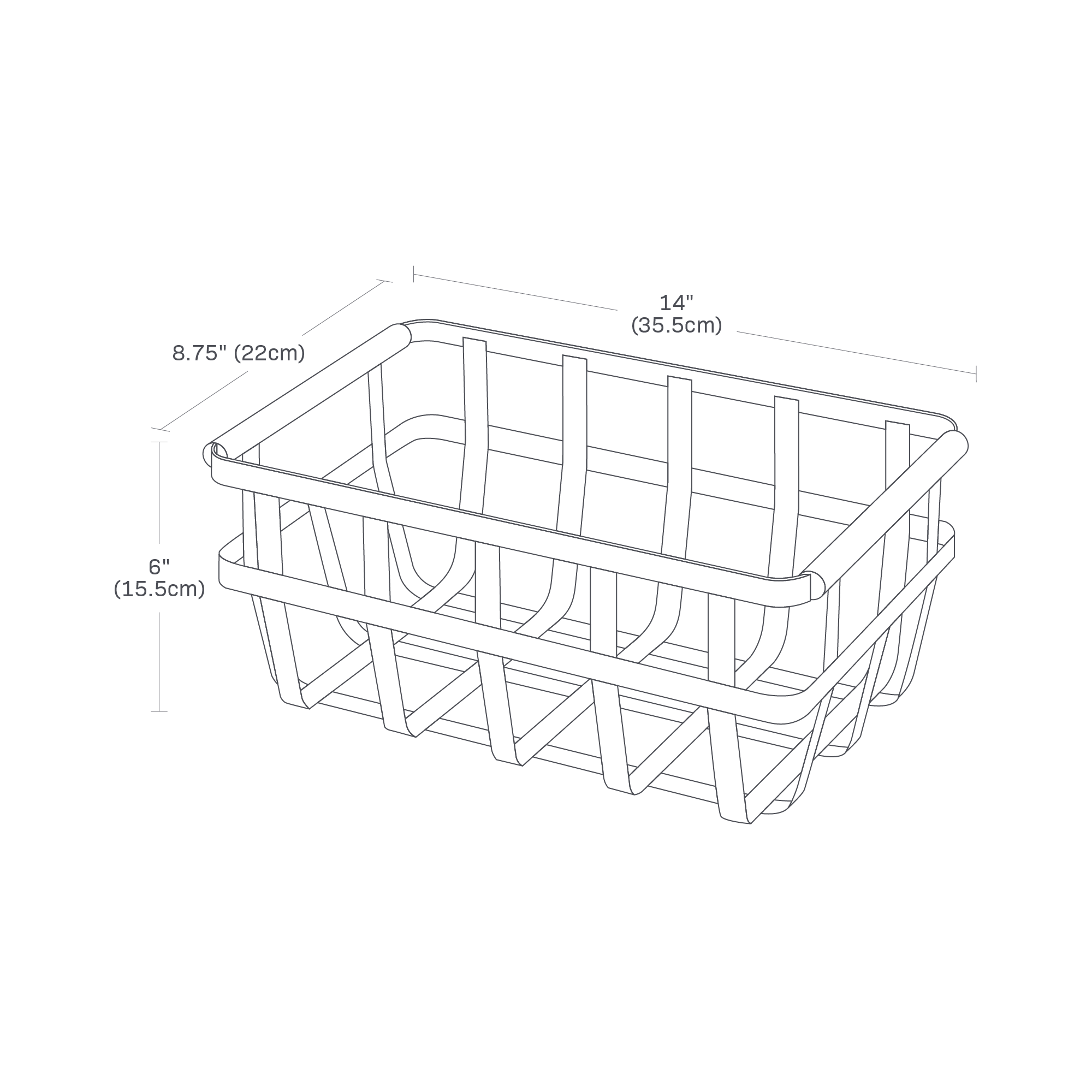 Dimension image for Storage Basket showing height of 6 inches, length of 8.75 inches, width of 14 inches
