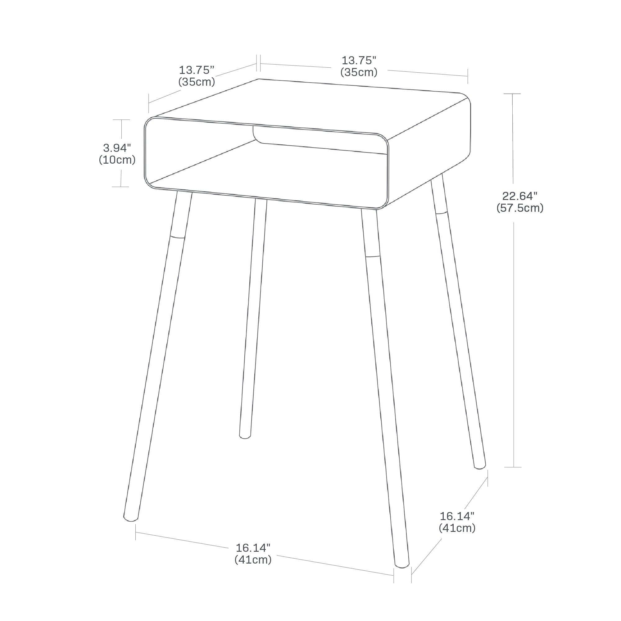 Dimension image for Storage Table showing length of 13.75 inches, width of 13.75 inches and height of 22.64 inches