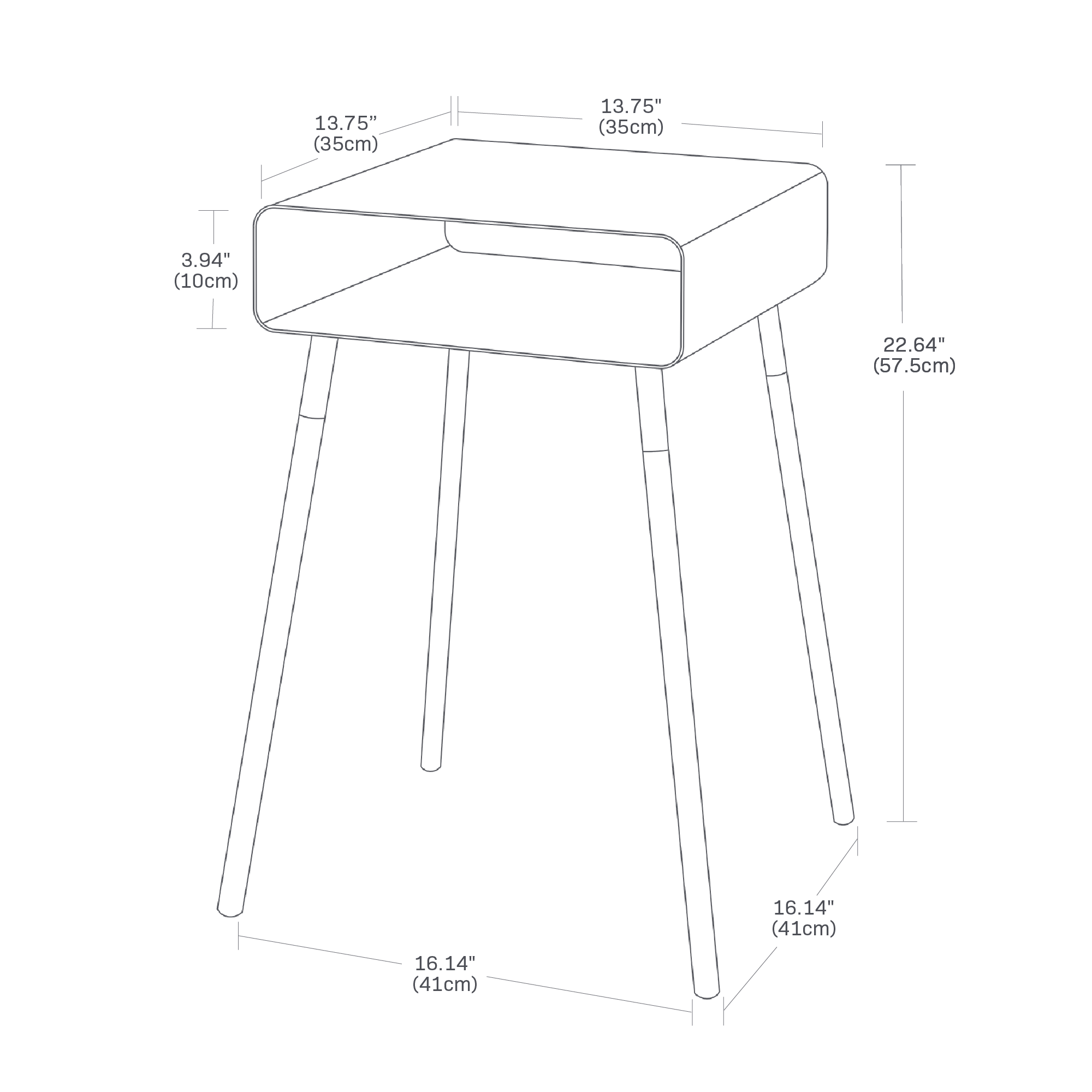 Dimension image for Storage Table showing length of 13.75 inches, width of 13.75 inches and height of 22.64 inches