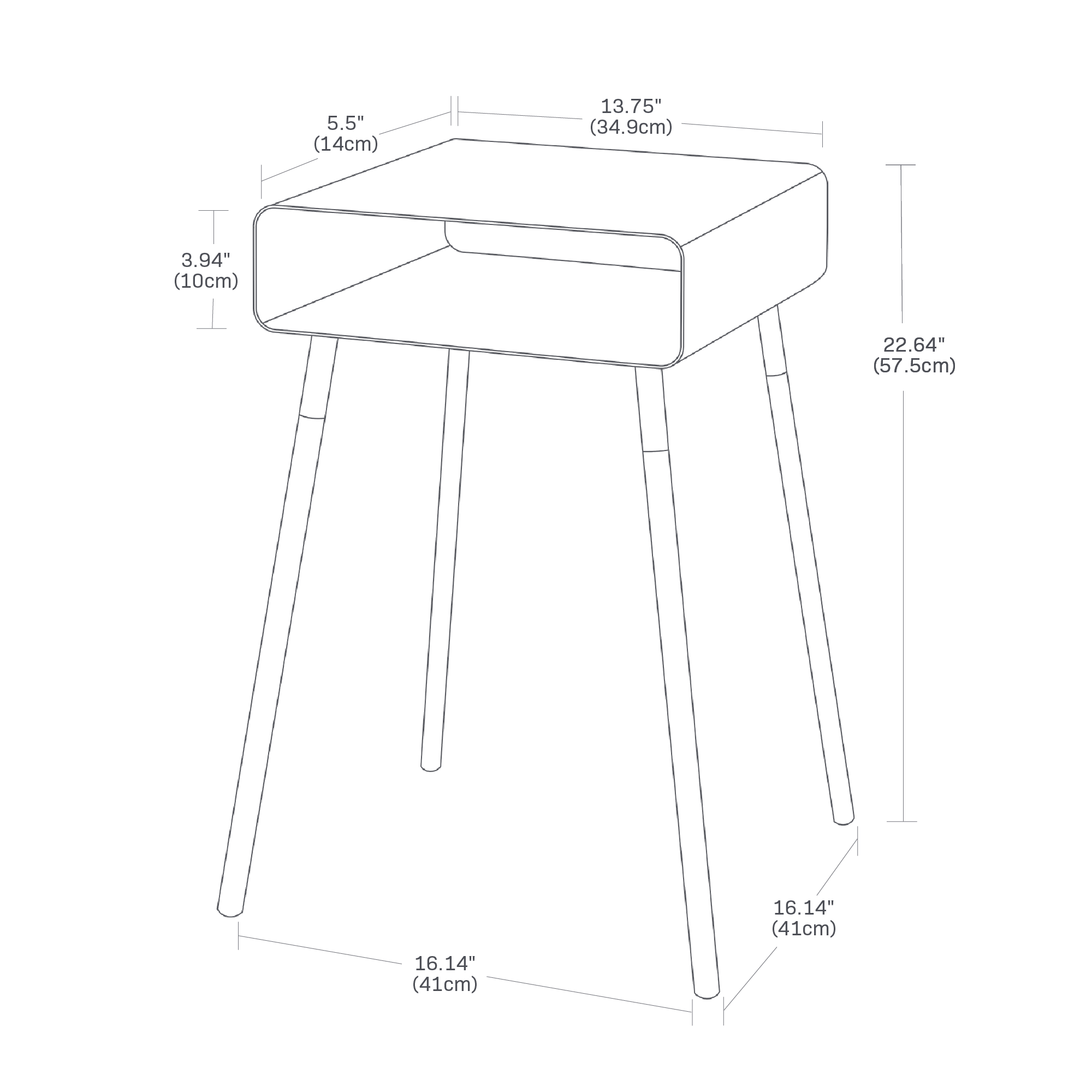 Dimension image for Storage Table showing length of 13.75 inches, width of 13.75 inches and height of 22.64 inches