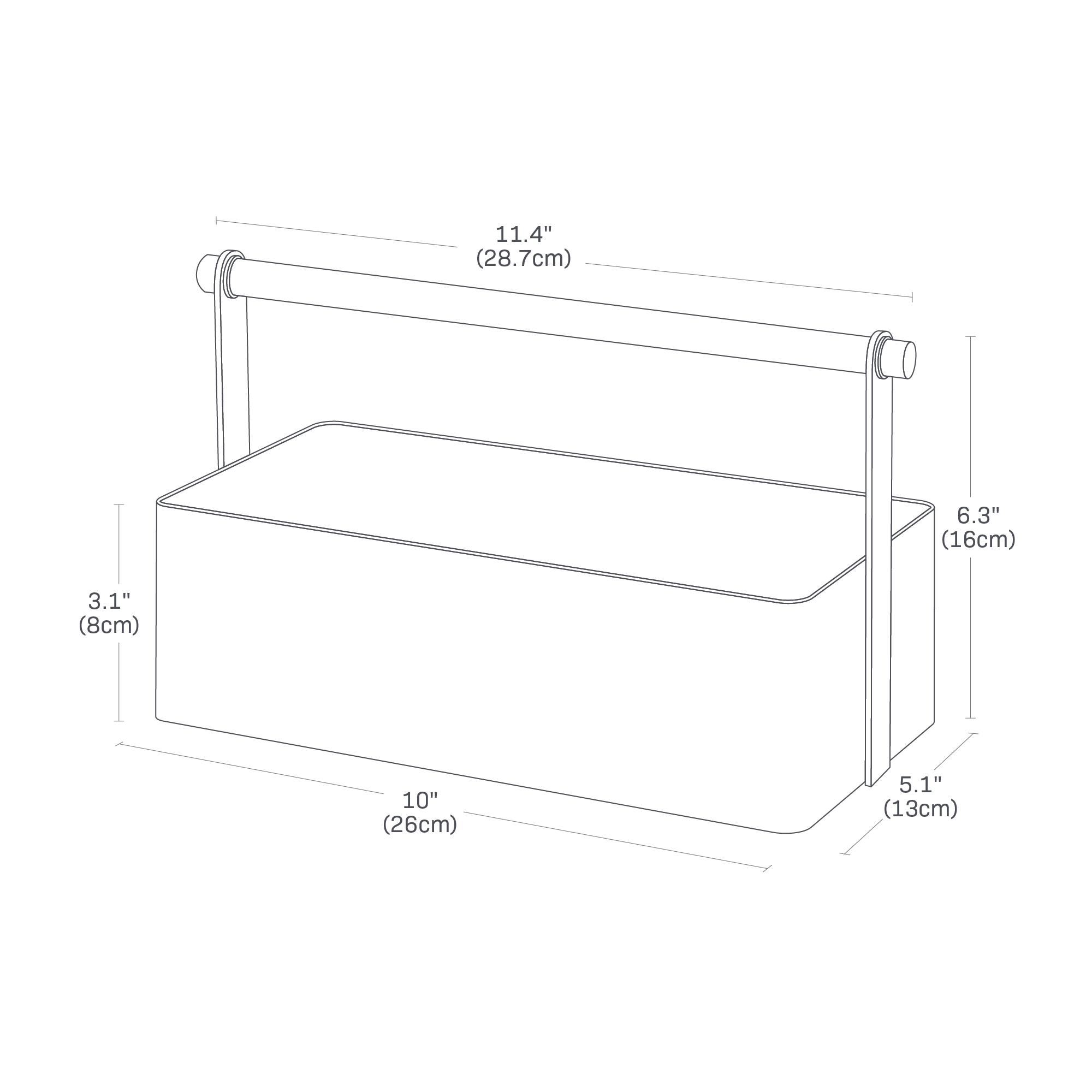 Dimension image of medium Storage Caddy with a caddy width of 10 inches, caddy depth of 5.1 inches, caddy height of 3.1 inches, total height of 6.3 inches, and handle width of 11.4 inches.