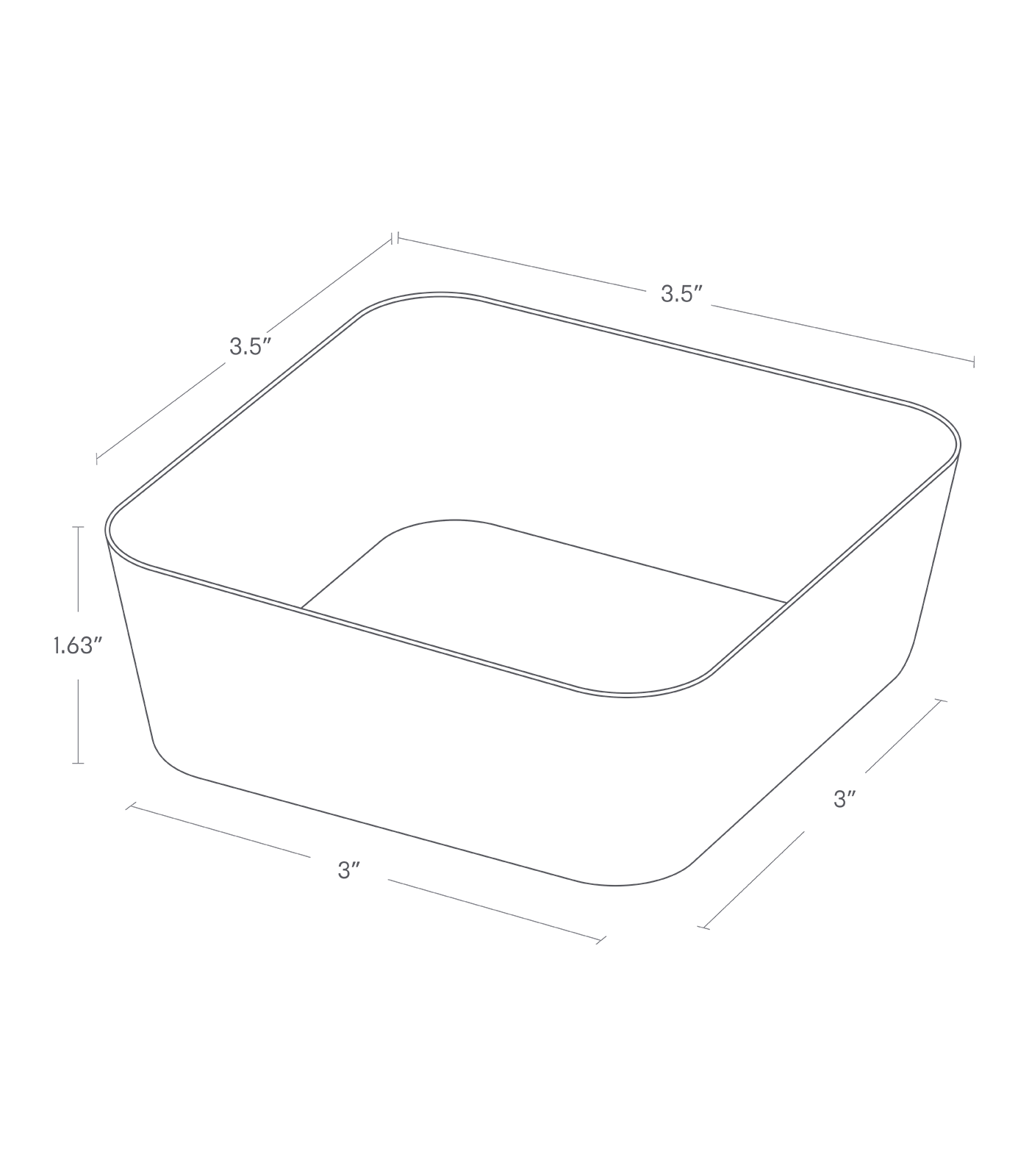 Dimension image for Vanity Tray - Flat - Two Sizes on a white background including dimensions  L 3.54 x W 3.54 x H 1.57 inches