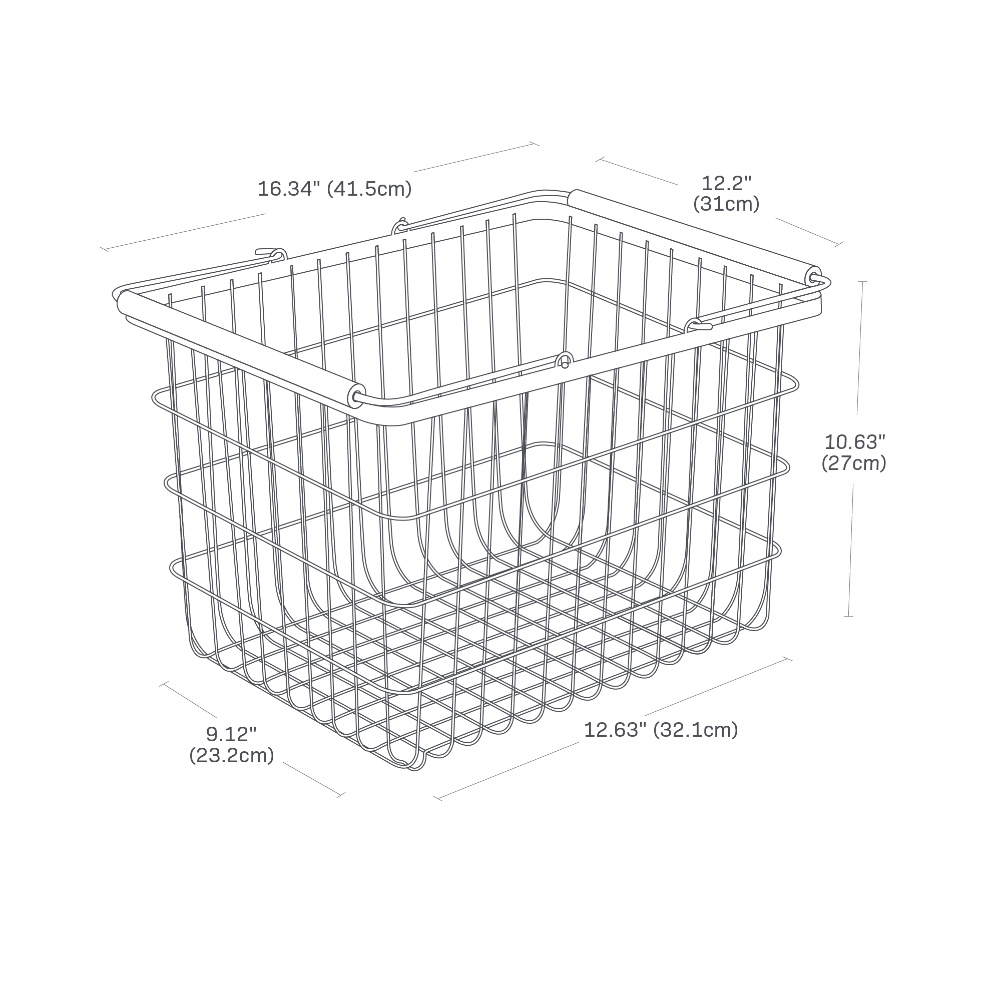 Image dimensionnelle pour panier métallique - Deux tailles sur fond blanc, y compris les dimensions L 12,2 x L 16,34 x H 10,63 pouces