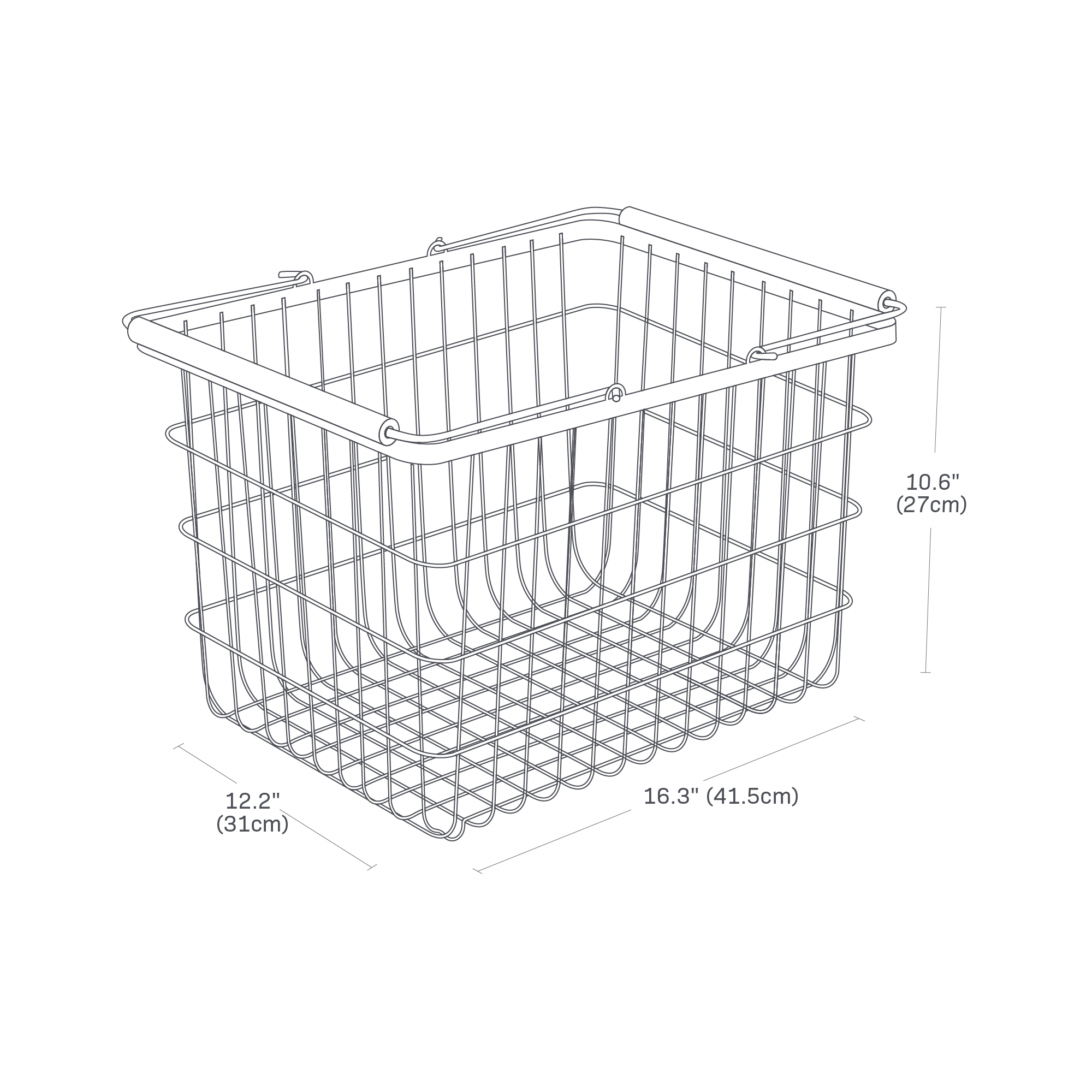 Dimension image for Wire Basket - Two Sizes on a white background including dimensions  L 12.2 x W 16.34 x H 10.63 inches