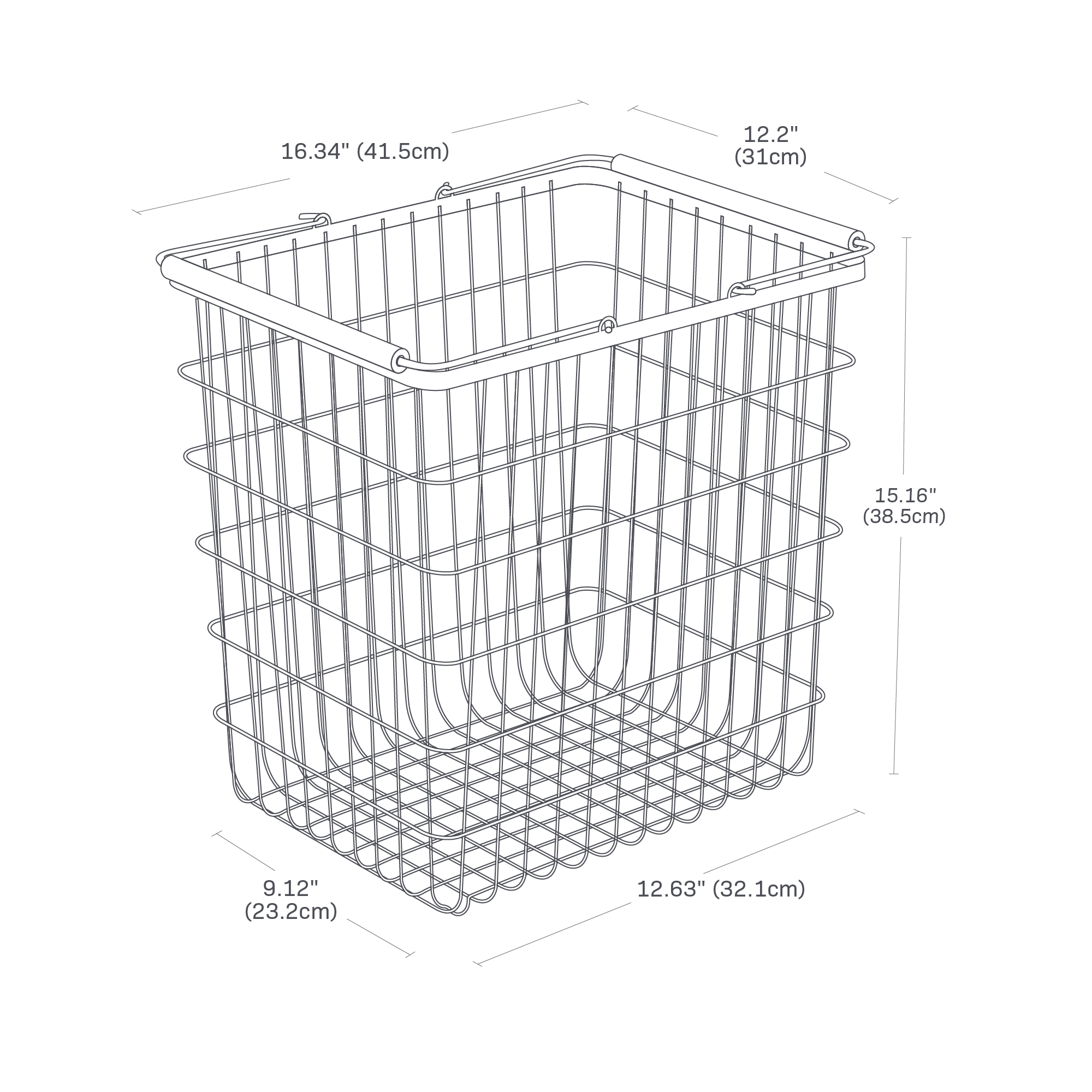 Image dimensionnelle du panier métallique avec une hauteur de 15,2", une largeur de 16,3" et une profondeur de 12,2".