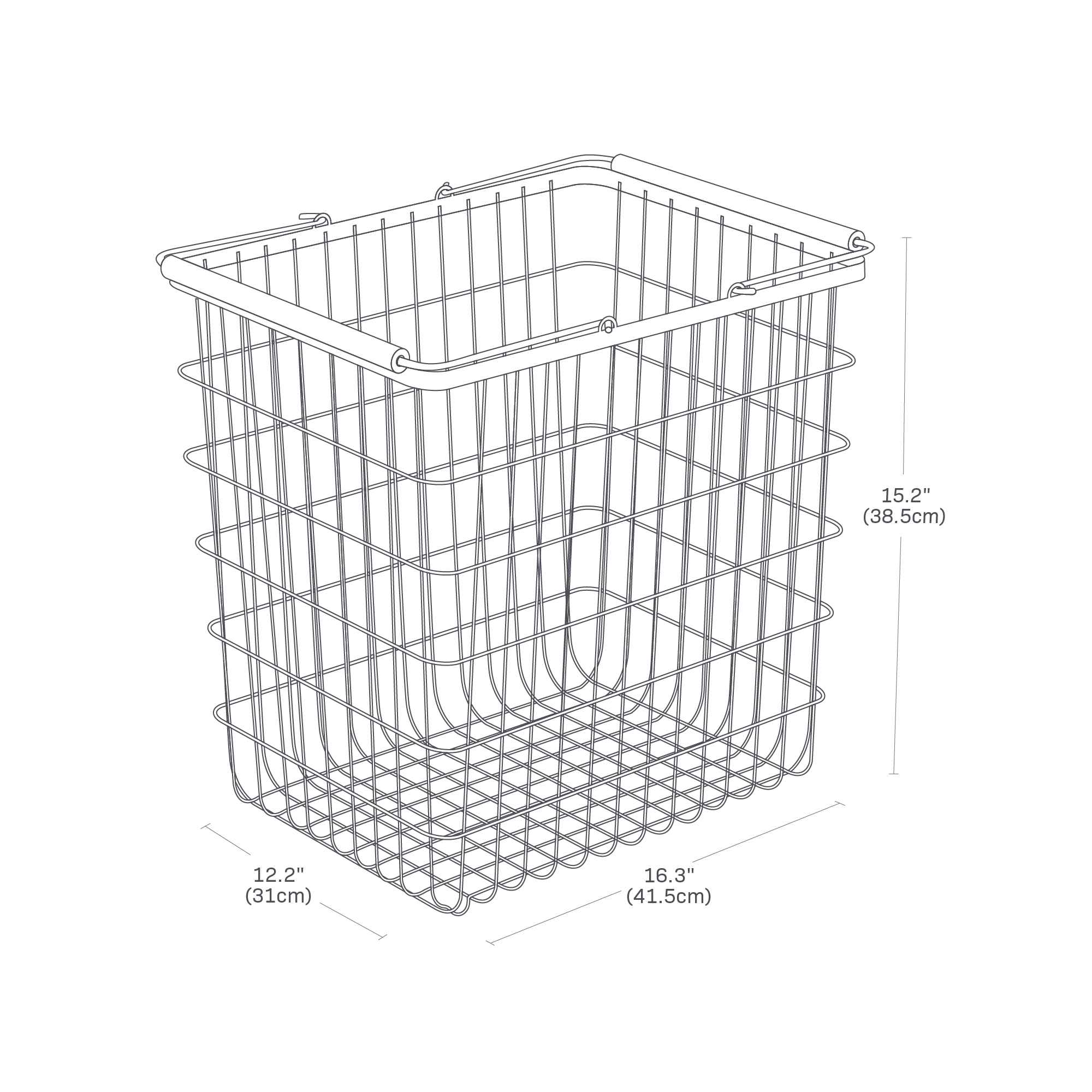 Dimension image of Wire Basket with a height of 15.2 inches, width of 16.3 inches, and depth of 12.2 inches.