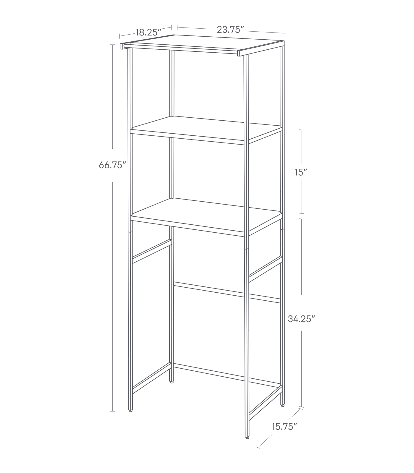 Dimension image for Storage Rack - Three Sizes on a white background including dimensions  L 18.31 x W 23.62 x H 66.93 inches