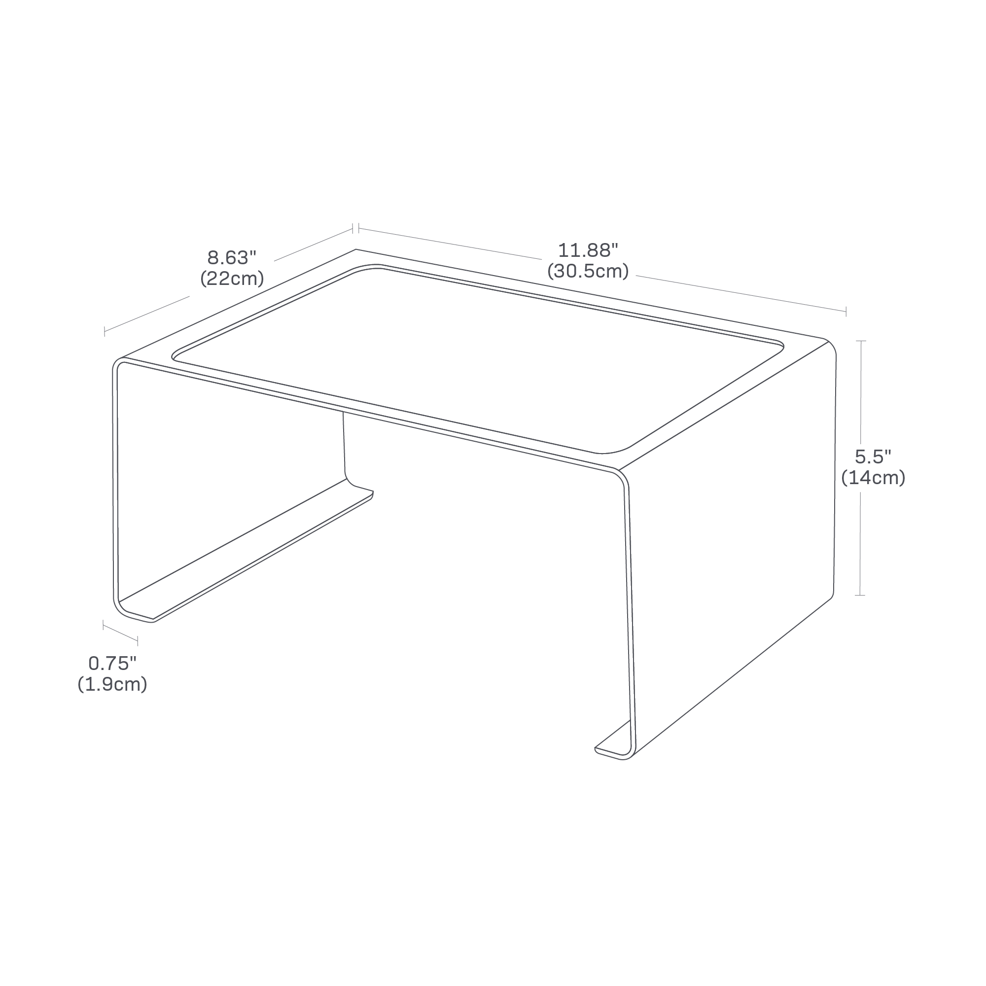 Dimension image for Stackable Countertop Shelf - Large showing a length of 11.88 inches, width of 8.63 inches and height of 5.5 inches. Riser feet are 0.75 inches