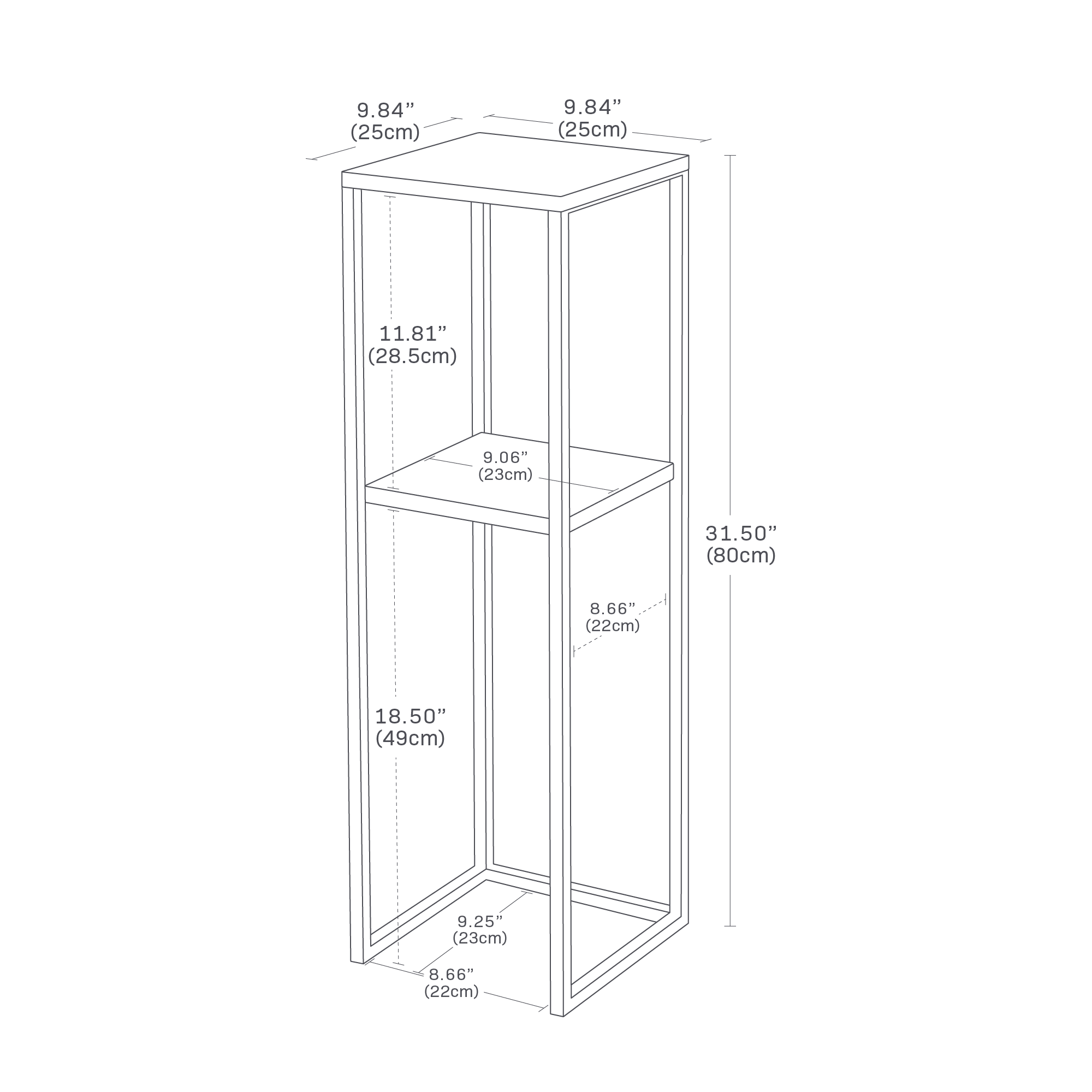 Dimension image for Two-Tier Display & Storage Shelf showing length of 9.84 inches, width of 9.84 inches and height of 31.50 inches
